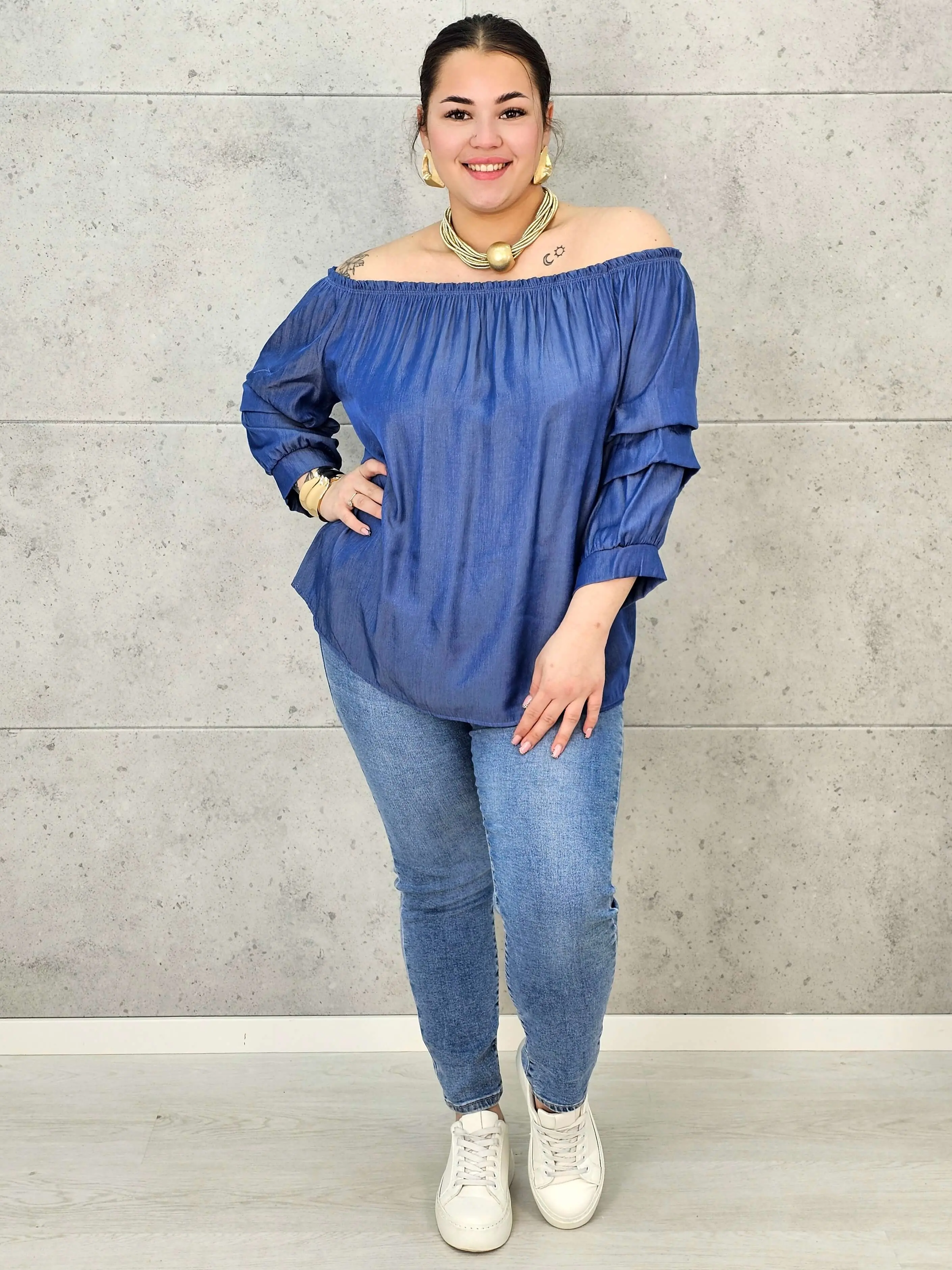 Bluzka Jeansowa Hiszpanka Plus Size – Luźny Krój, Rękaw 3/4, Wygoda XXL - Image 3