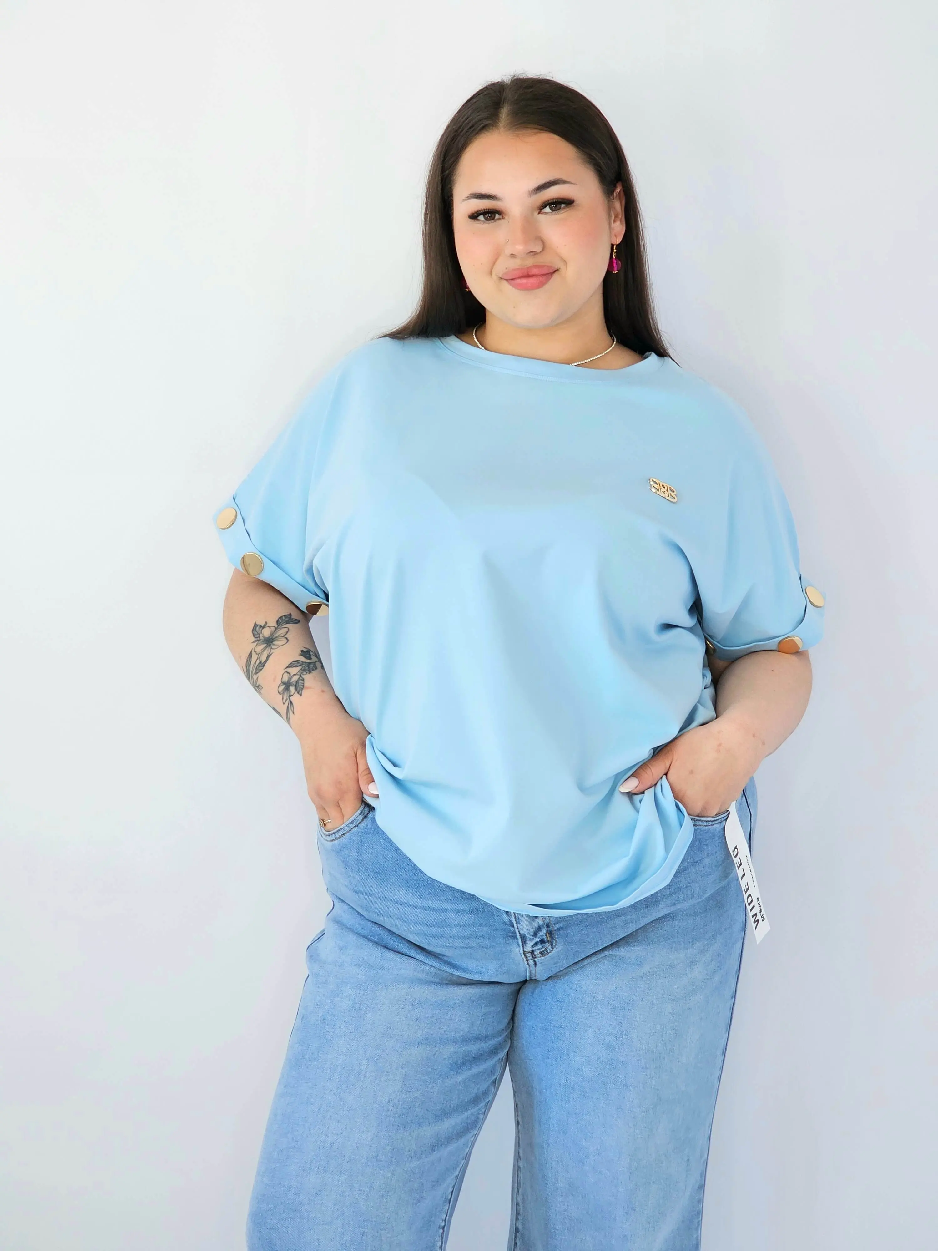 Bluzka Plus Size Luźna Z Krótkim Rękawem I Ozdobnymi Detalami