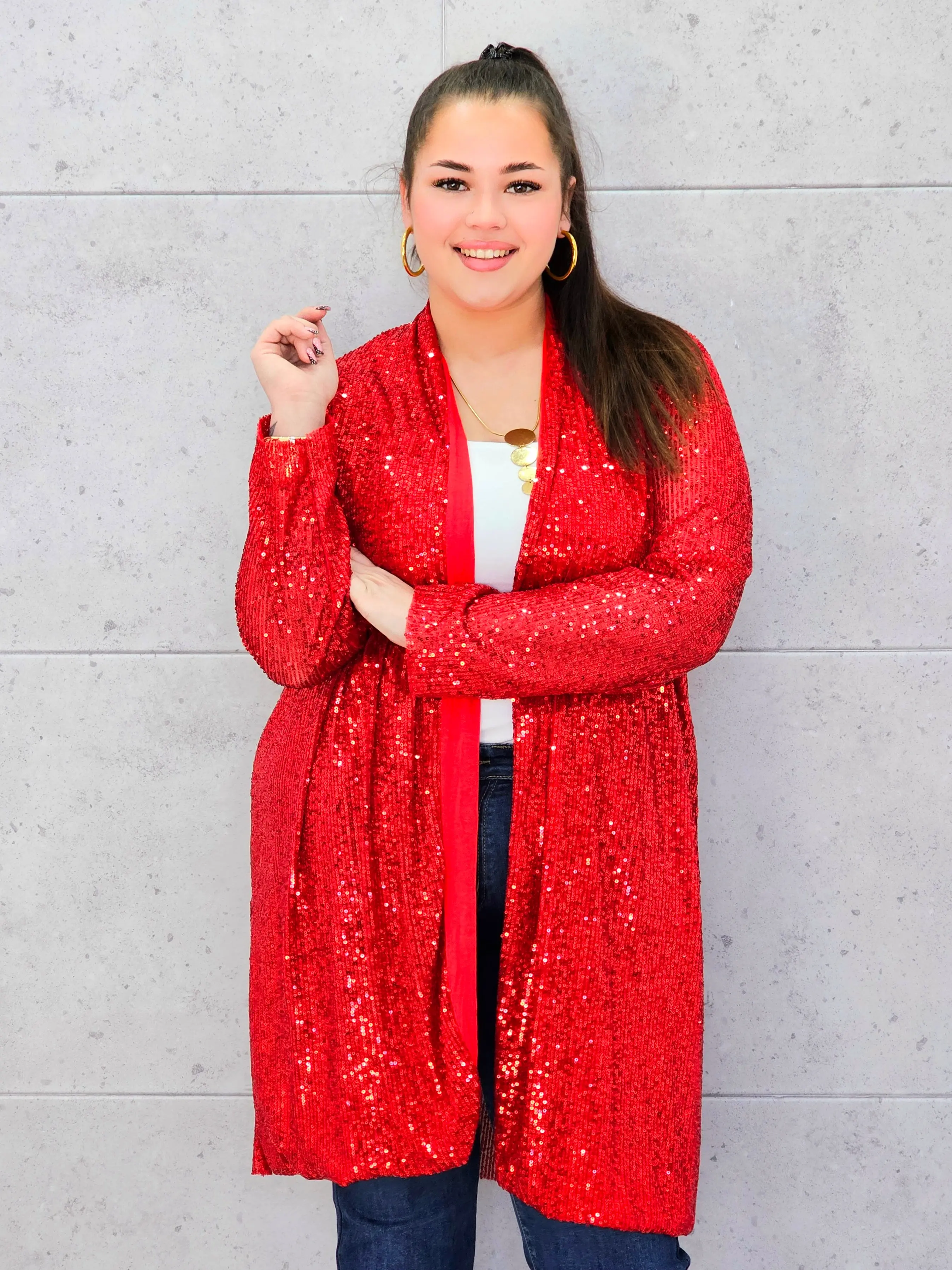 Kardigan plus size czerwony cekinowy – elegancki kardigan XXL z cekinami - Image 2