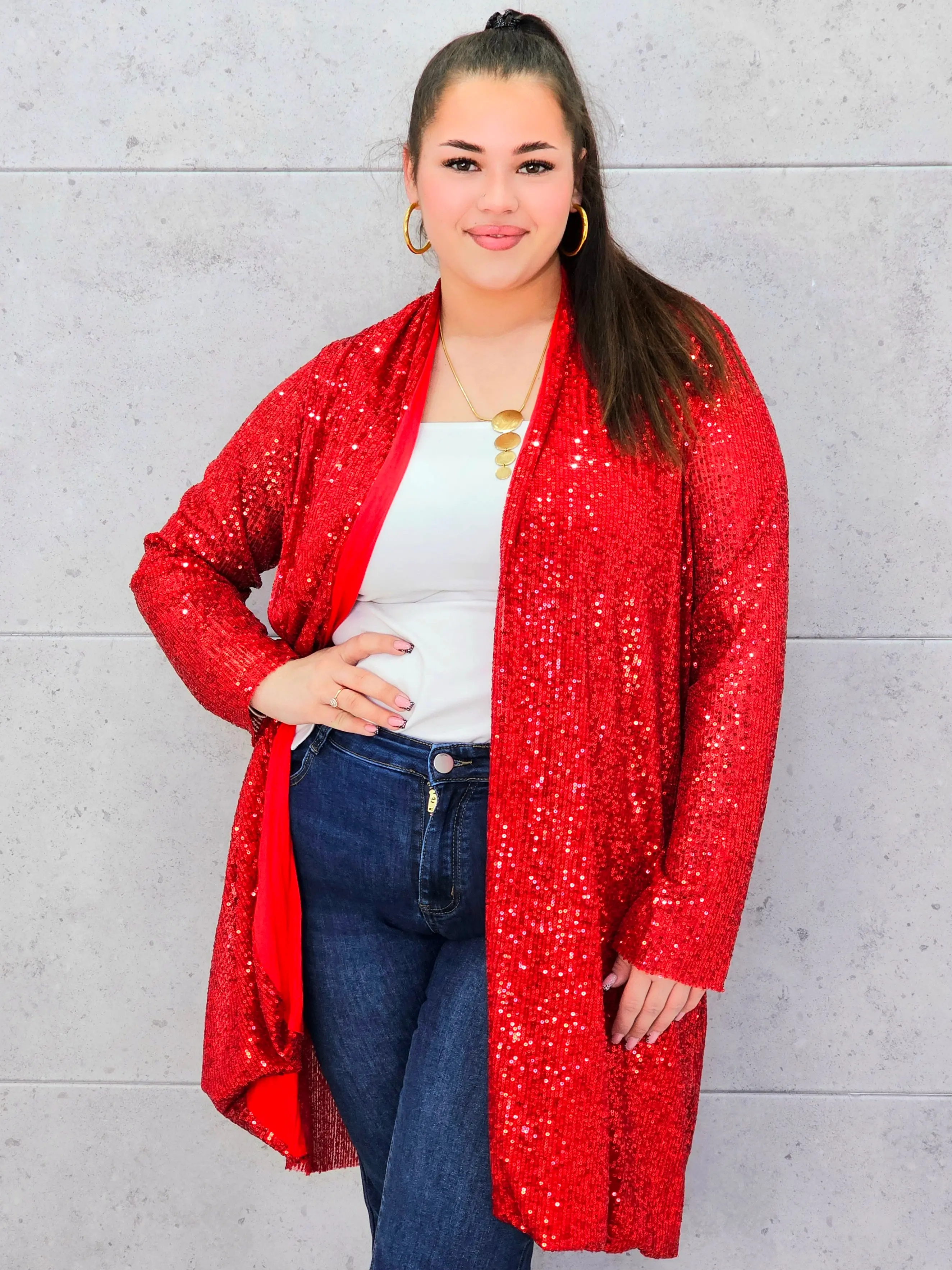 Kardigan plus size czerwony cekinowy – elegancki kardigan XXL z cekinami - Image 3