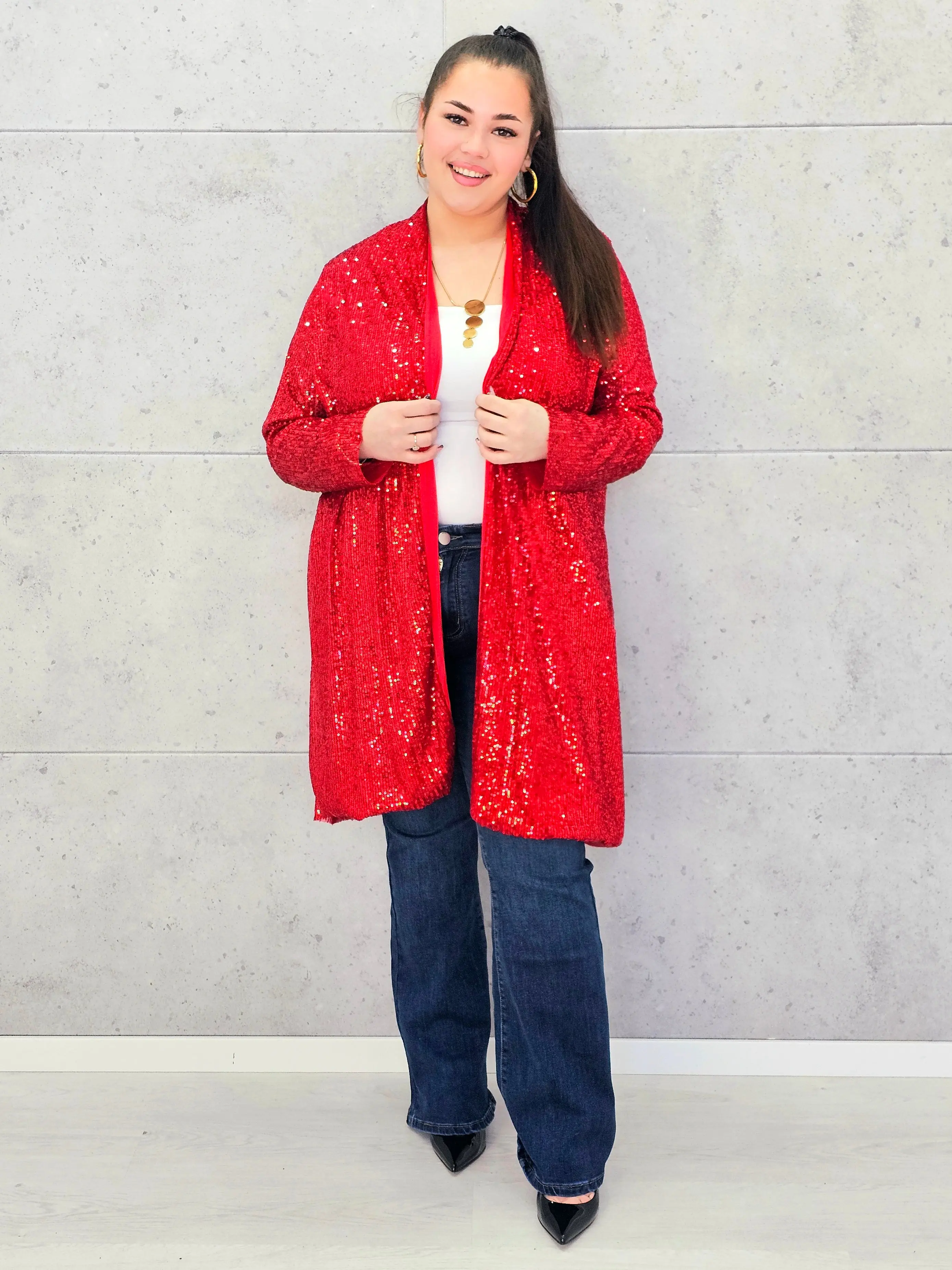 Kardigan plus size czerwony cekinowy – elegancki kardigan XXL z cekinami - Image 4
