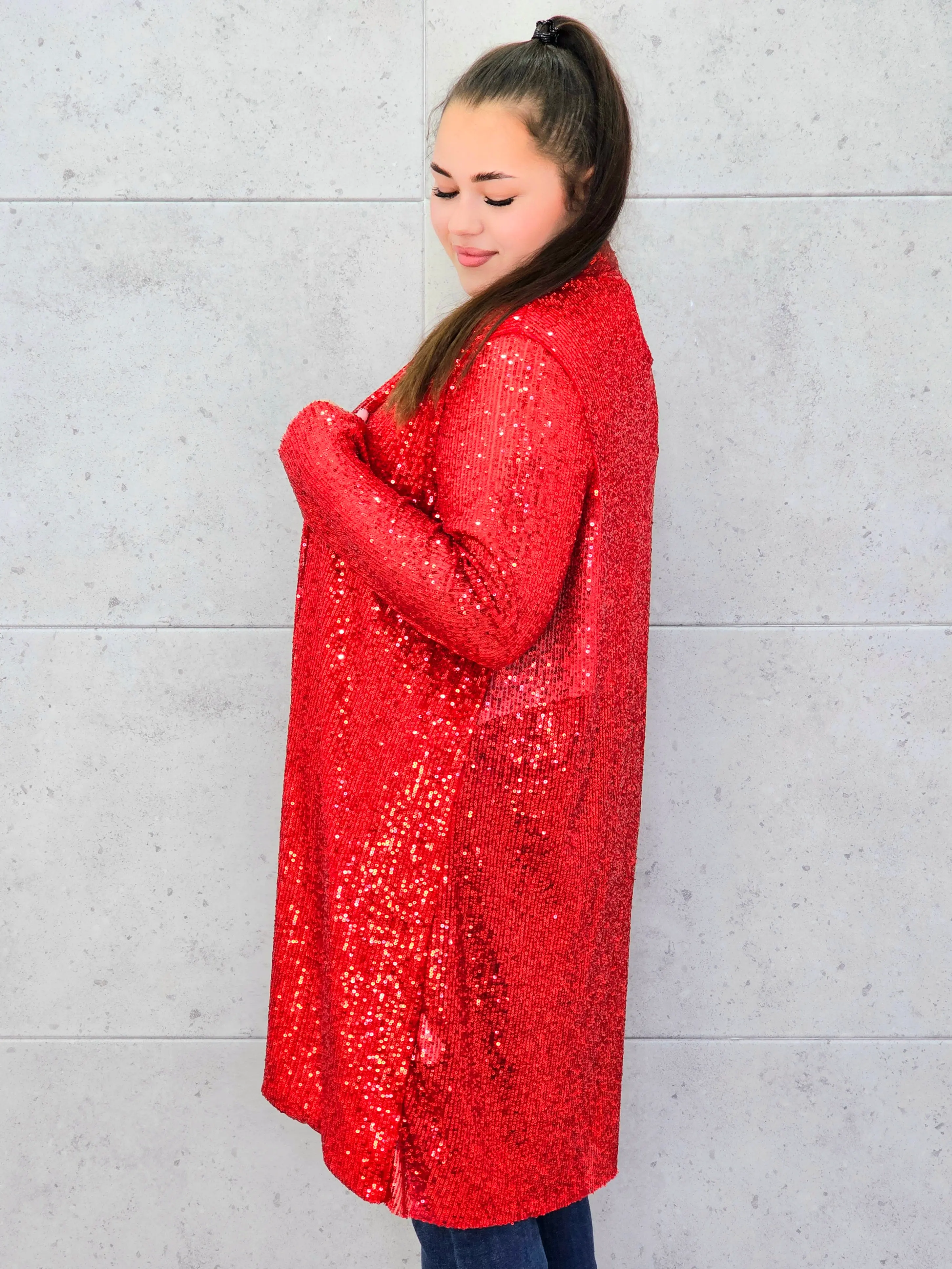 Kardigan plus size czerwony cekinowy – elegancki kardigan XXL z cekinami - Image 5
