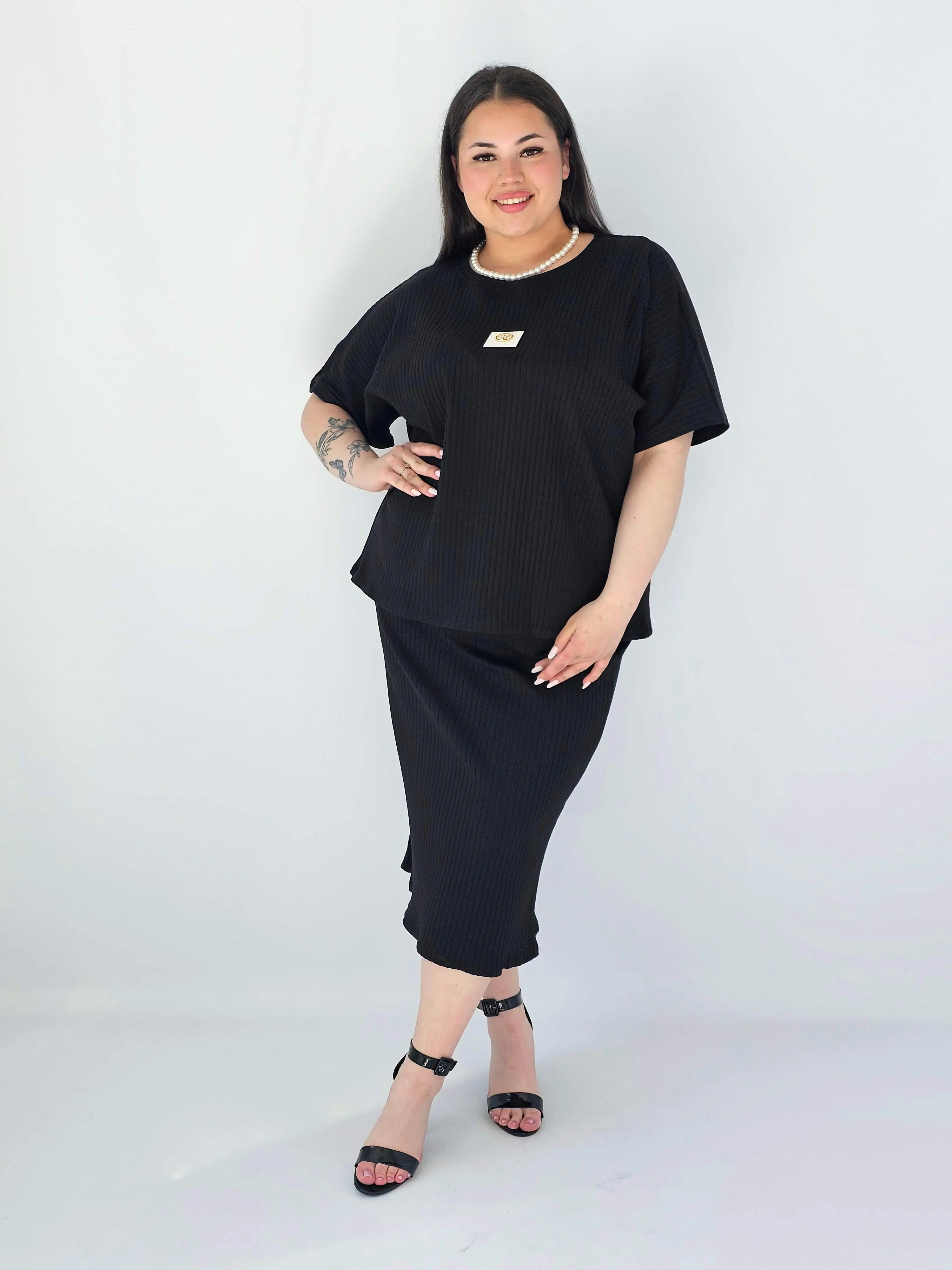 Komplet Plus Size Bluzka I Spódnica Prążkowany Z Ozdobnym Detalem