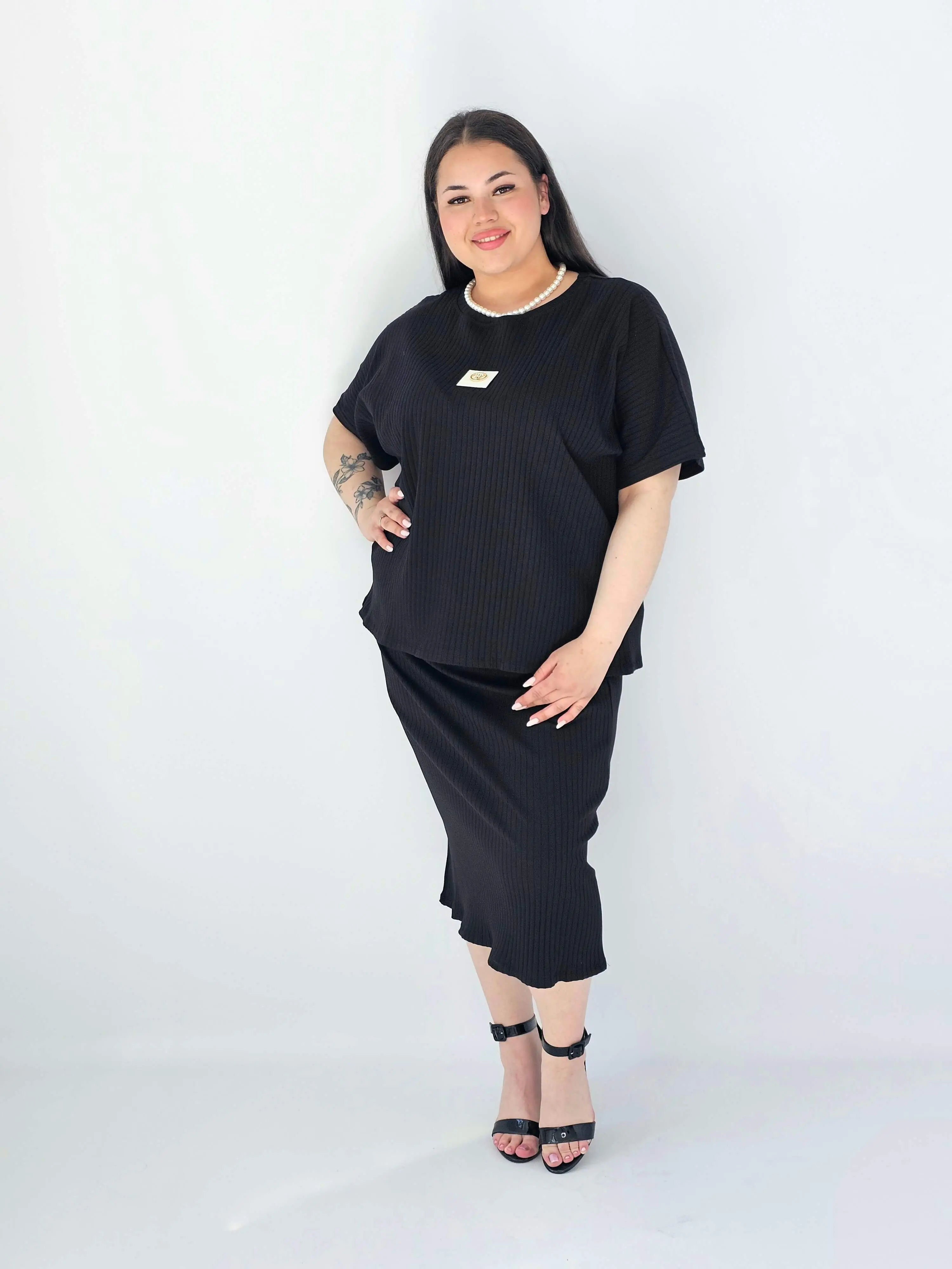 Komplet Plus Size Bluzka I Spódnica Prążkowany Z Ozdobnym Detalem - Image 10