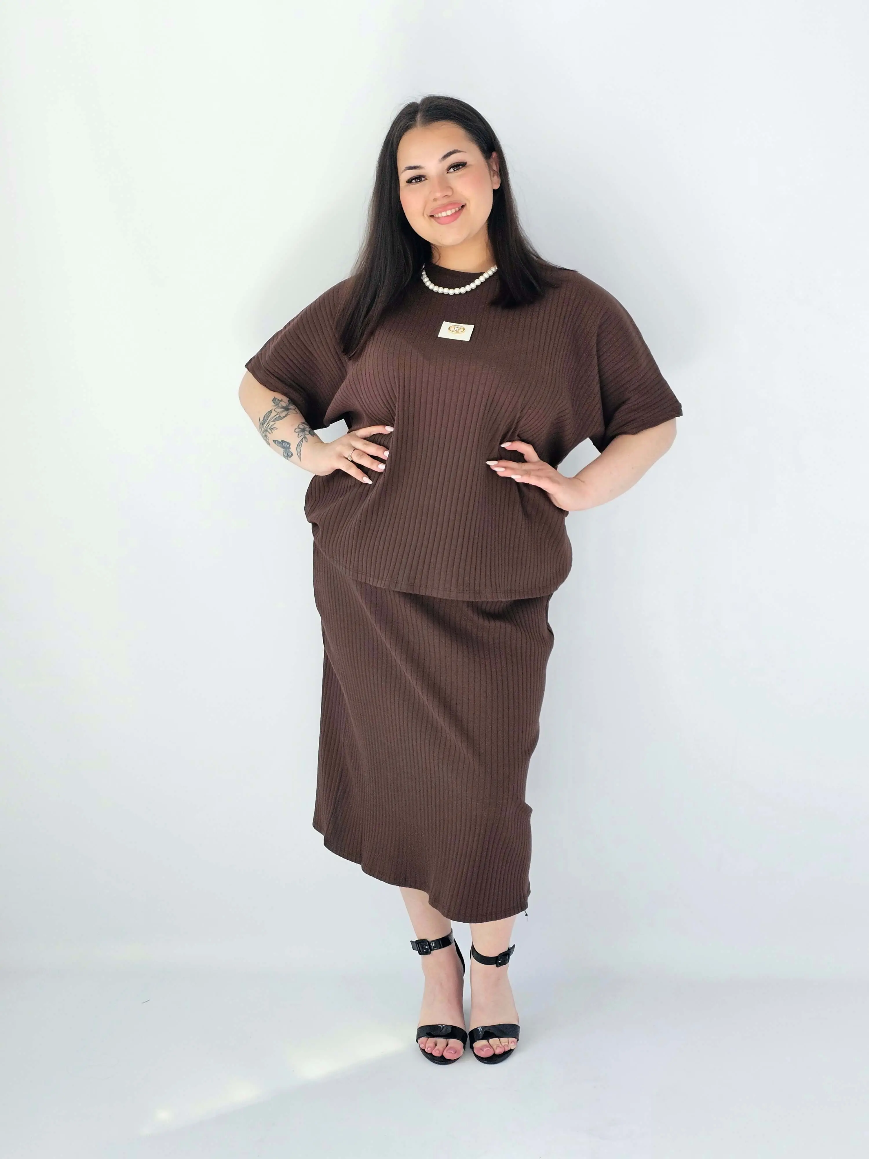 Komplet Plus Size Bluzka I Spódnica Prążkowany Z Ozdobnym Detalem - Image 17