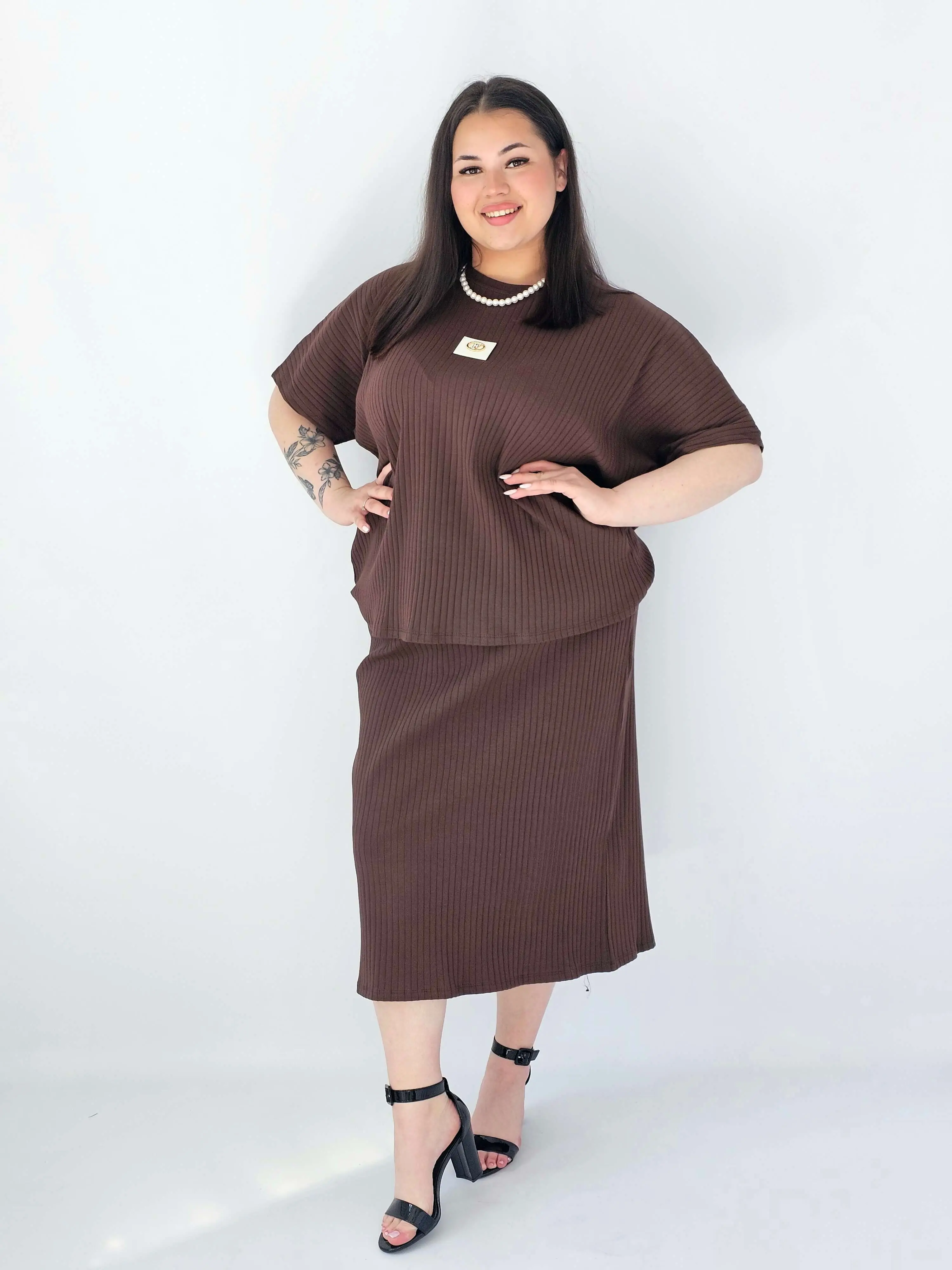 Komplet Plus Size Bluzka I Spódnica Prążkowany Z Ozdobnym Detalem - Image 18