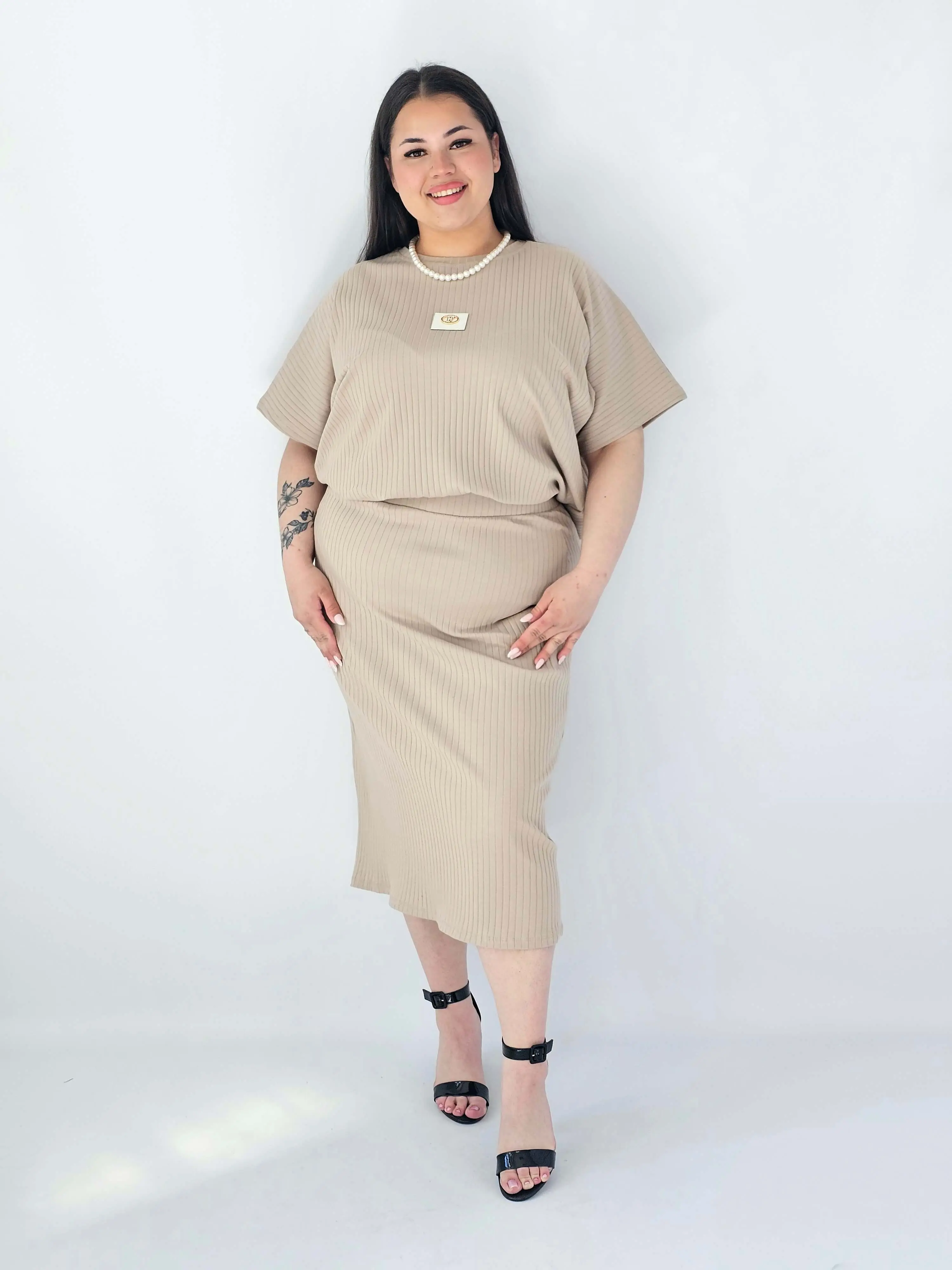 Komplet Plus Size Bluzka I Spódnica Prążkowany Z Ozdobnym Detalem - Image 28