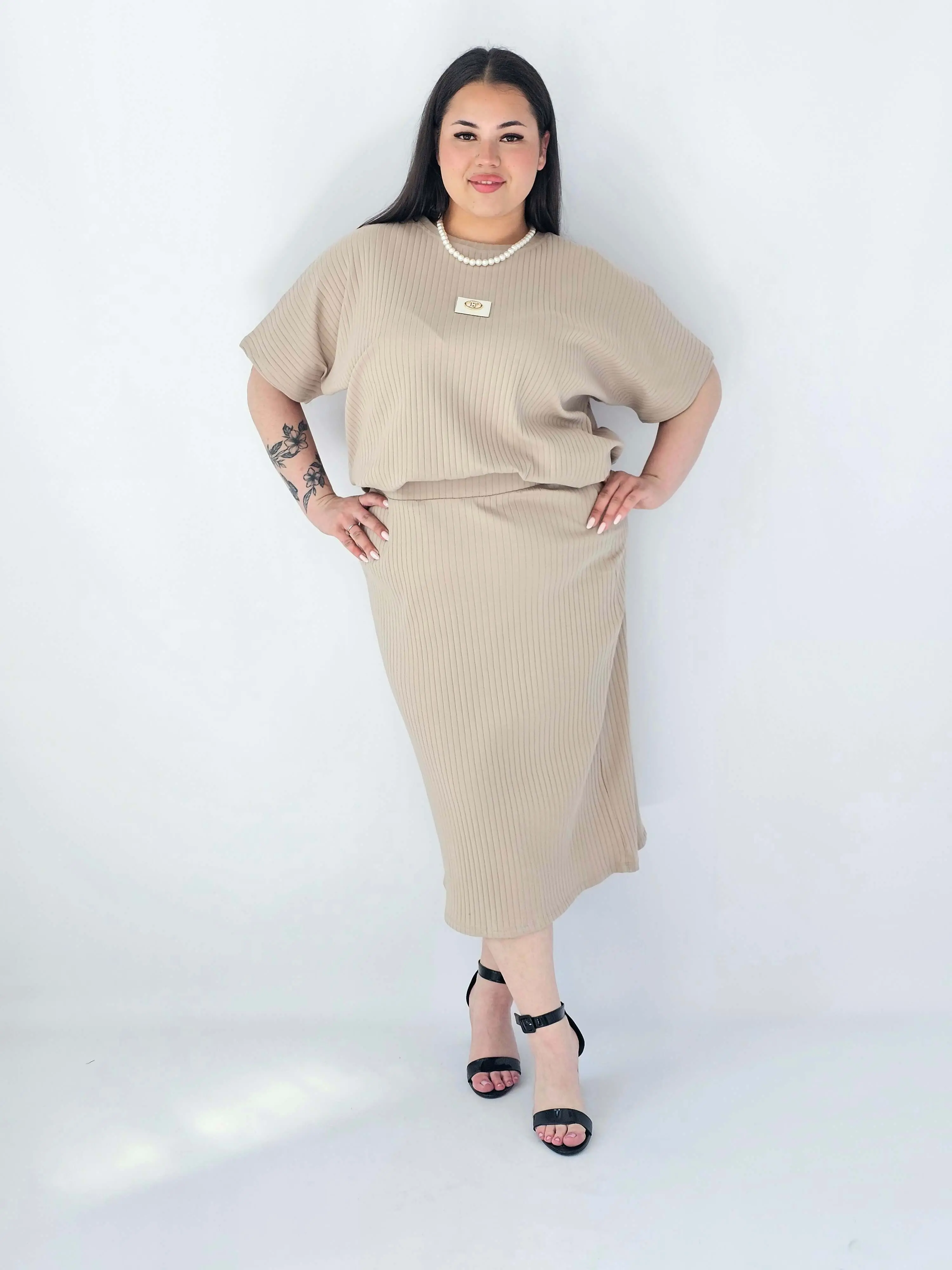 Komplet Plus Size Bluzka I Spódnica Prążkowany Z Ozdobnym Detalem - Image 30