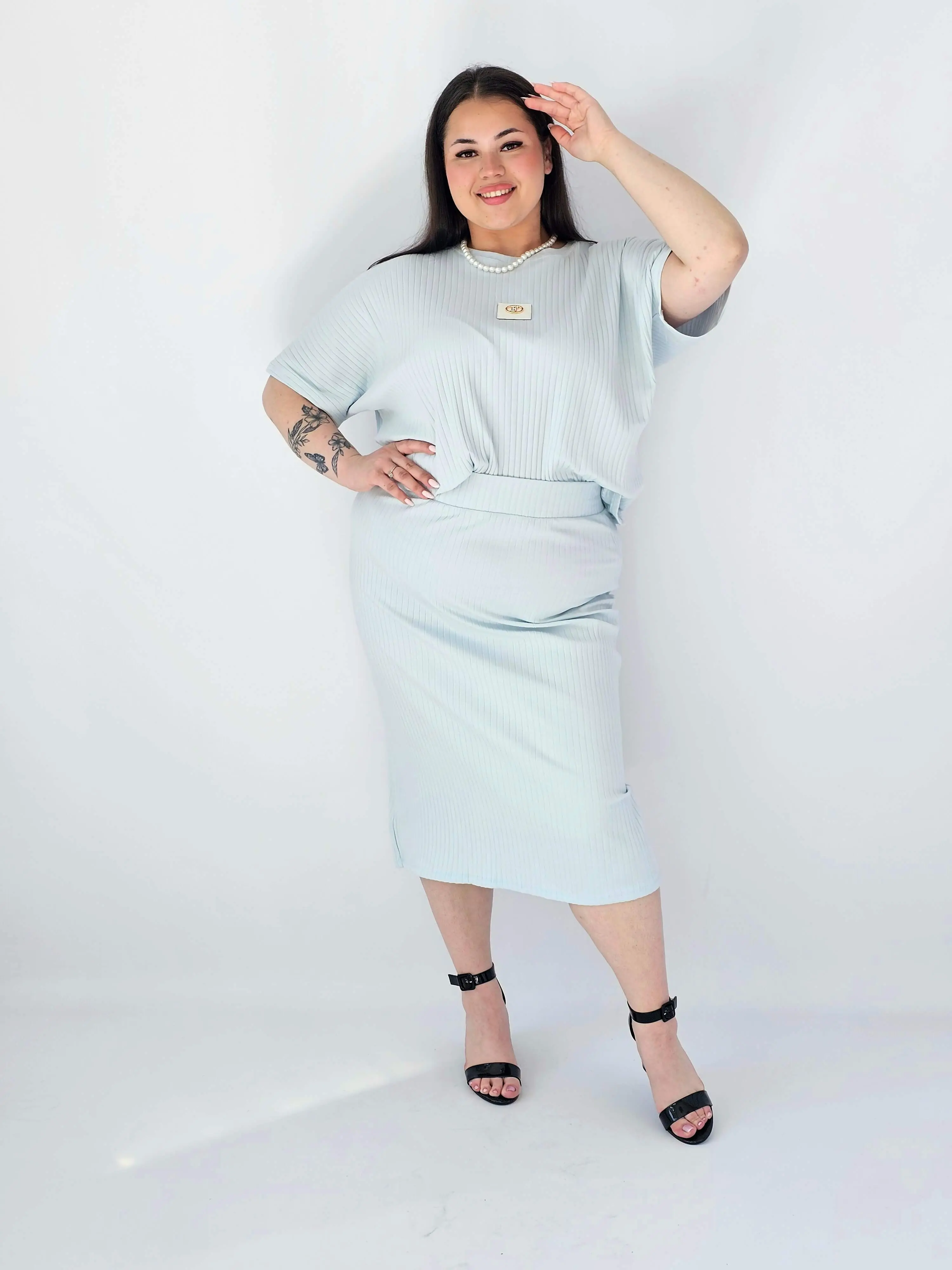 Komplet Plus Size Bluzka I Spódnica Prążkowany Z Ozdobnym Detalem - Image 4