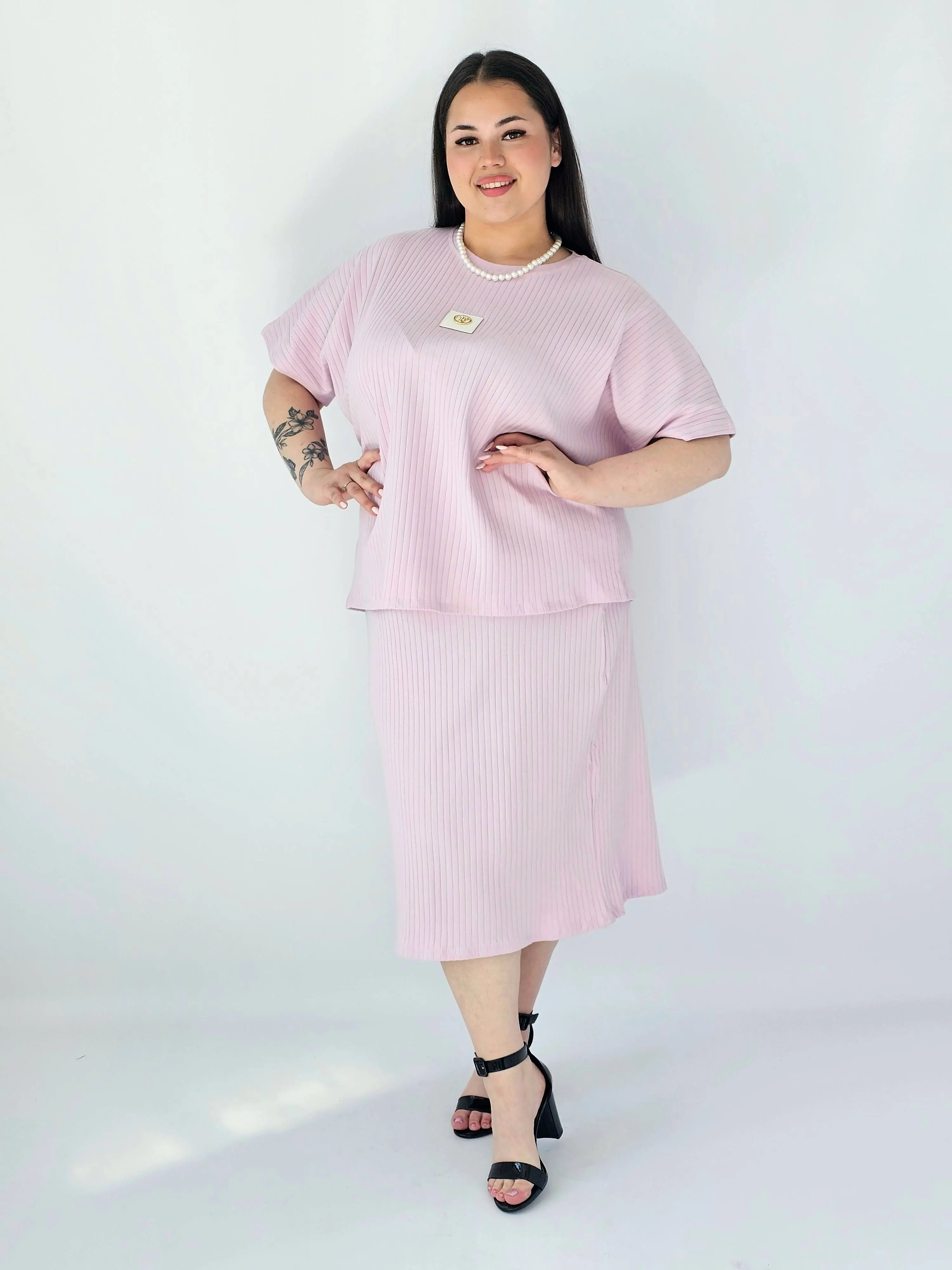 Komplet Plus Size Bluzka I Spódnica Prążkowany Z Ozdobnym Detalem - Image 5