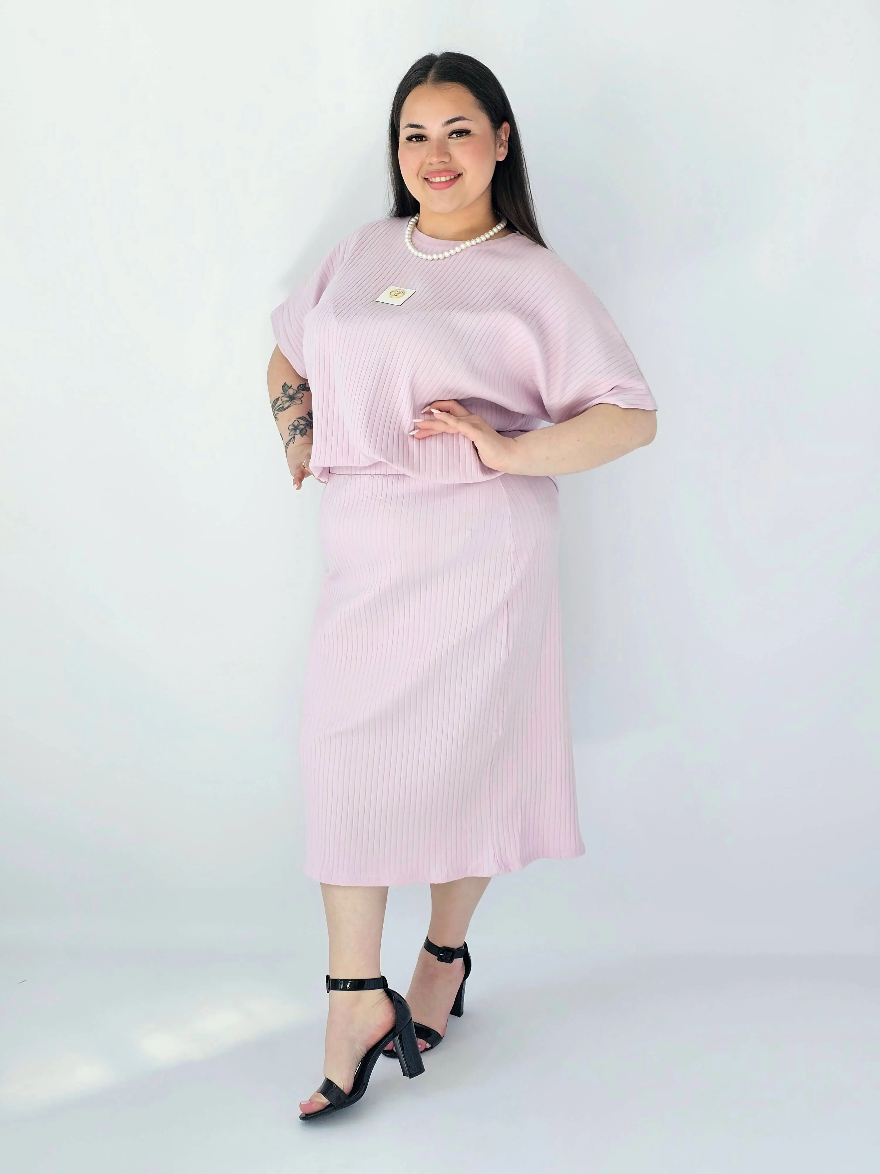 Komplet Plus Size Bluzka I Spódnica Prążkowany Z Ozdobnym Detalem - Image 6