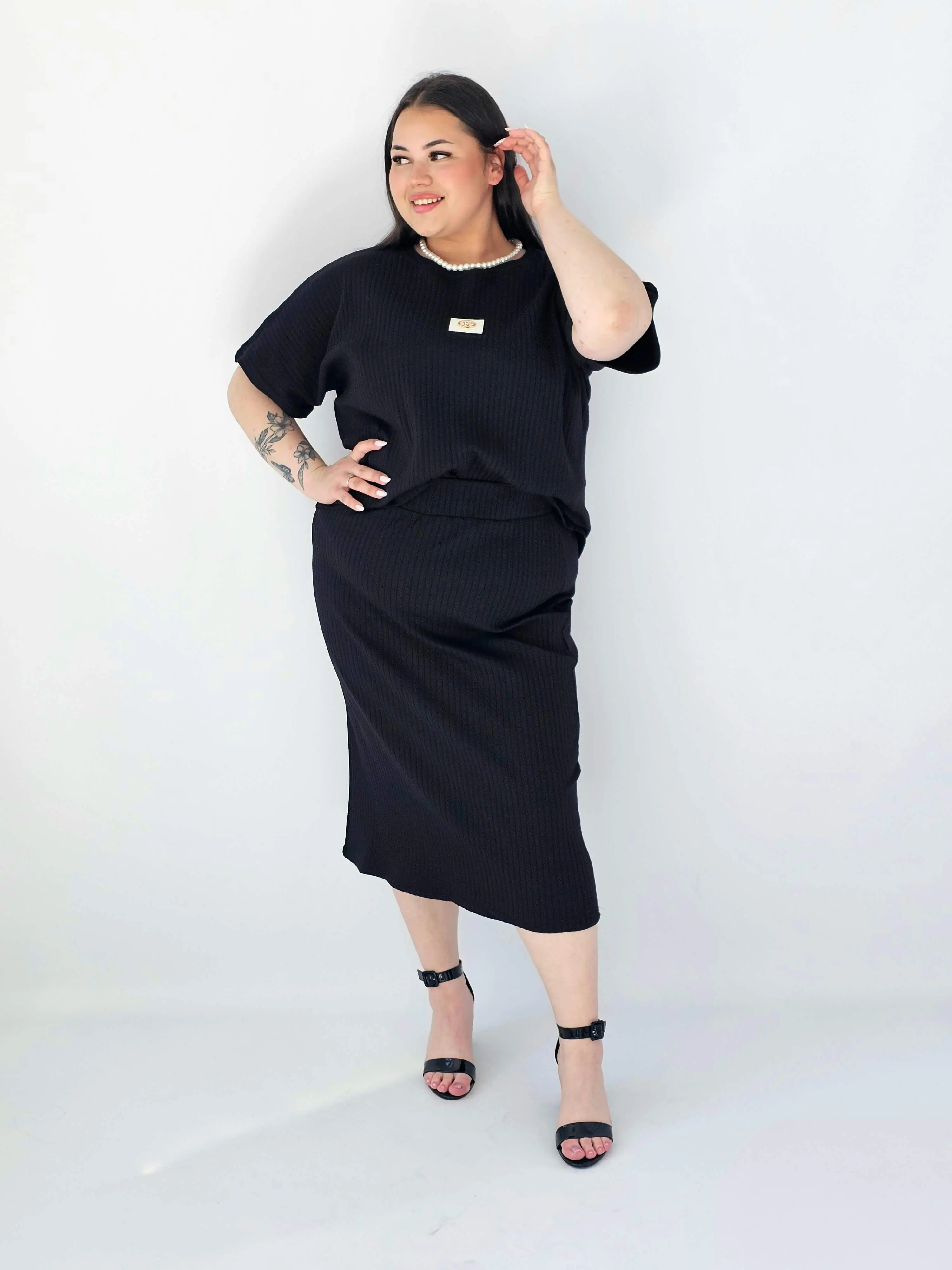 Komplet Plus Size Bluzka I Spódnica Prążkowany Z Ozdobnym Detalem - Image 7