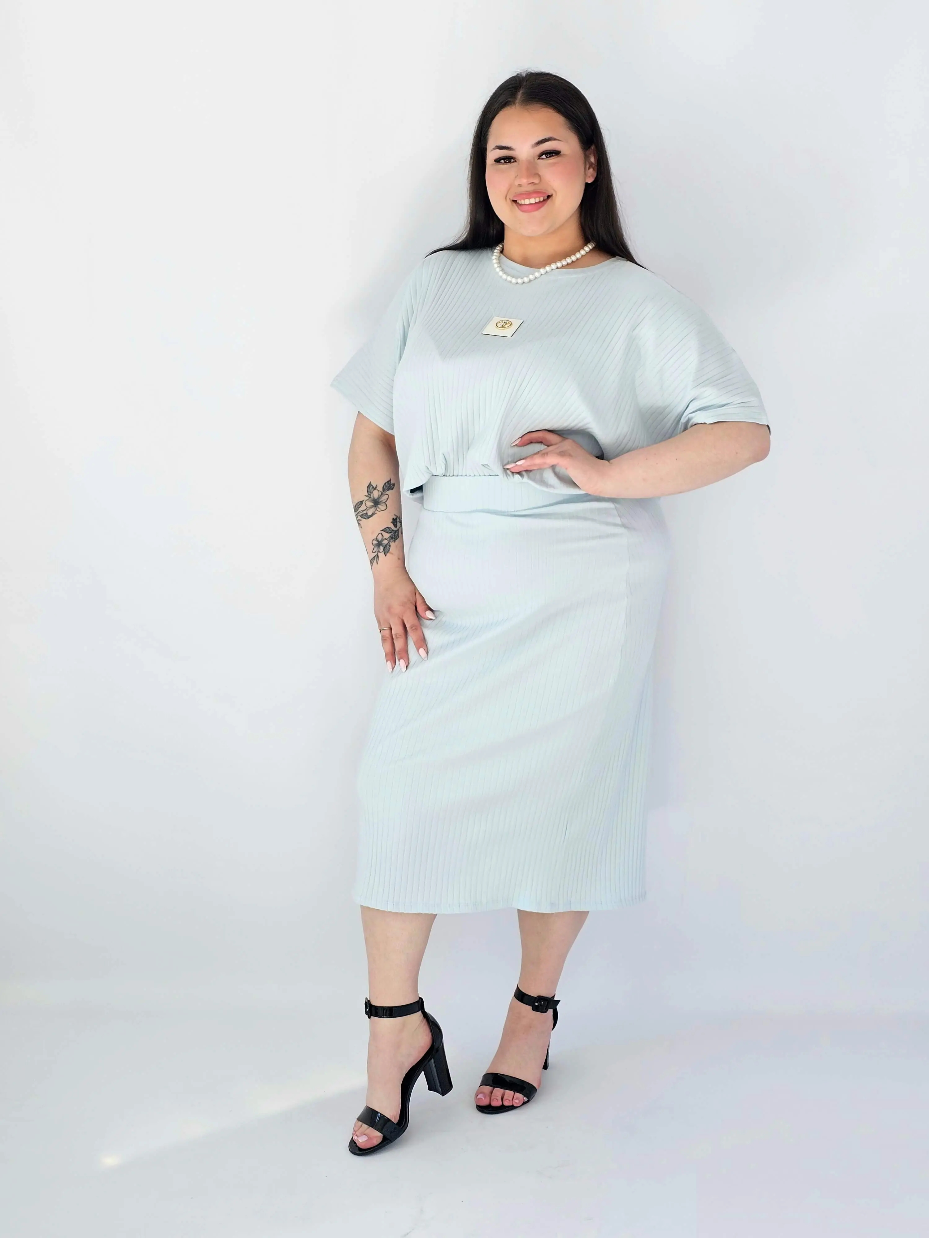 Komplet Plus Size Bluzka I Spódnica Prążkowany Z Ozdobnym Detalem - Image 8