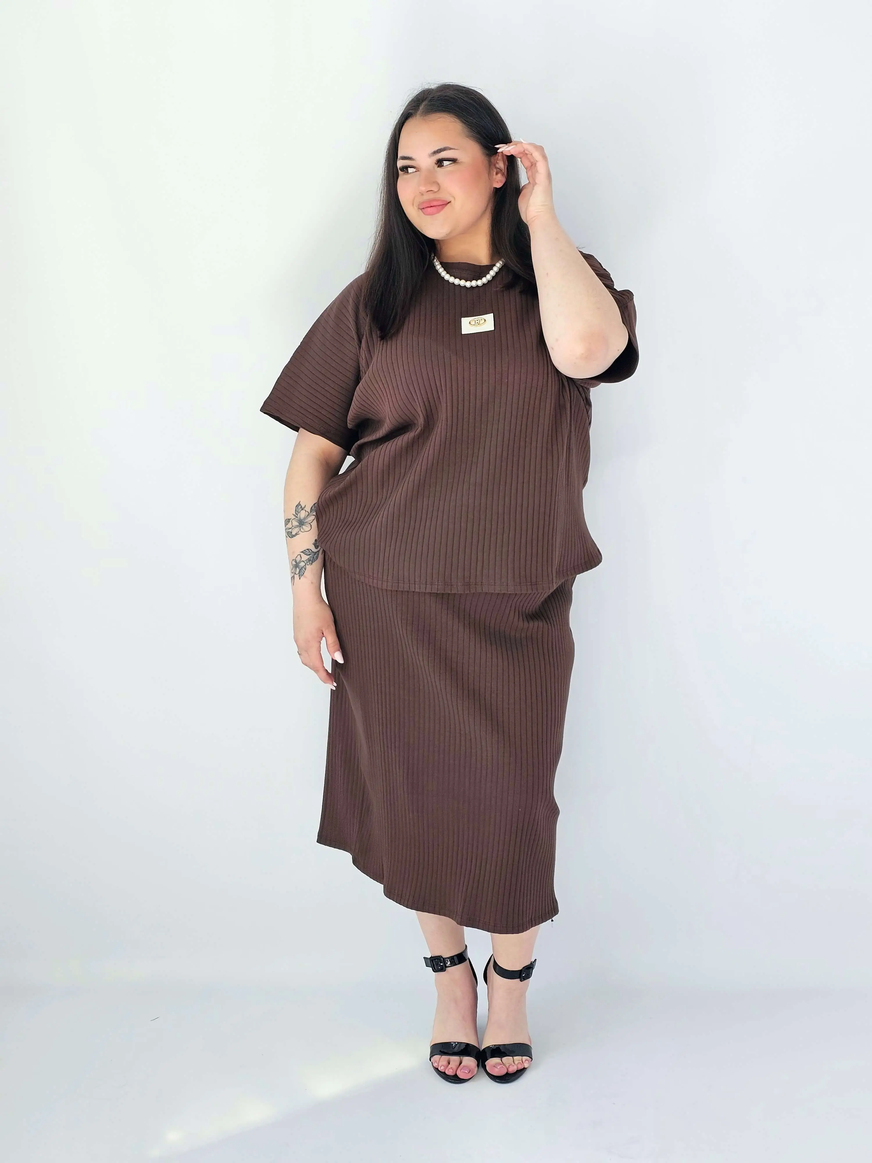 Komplet Plus Size Bluzka I Spódnica Prążkowany Z Ozdobnym Detalem - Image 9