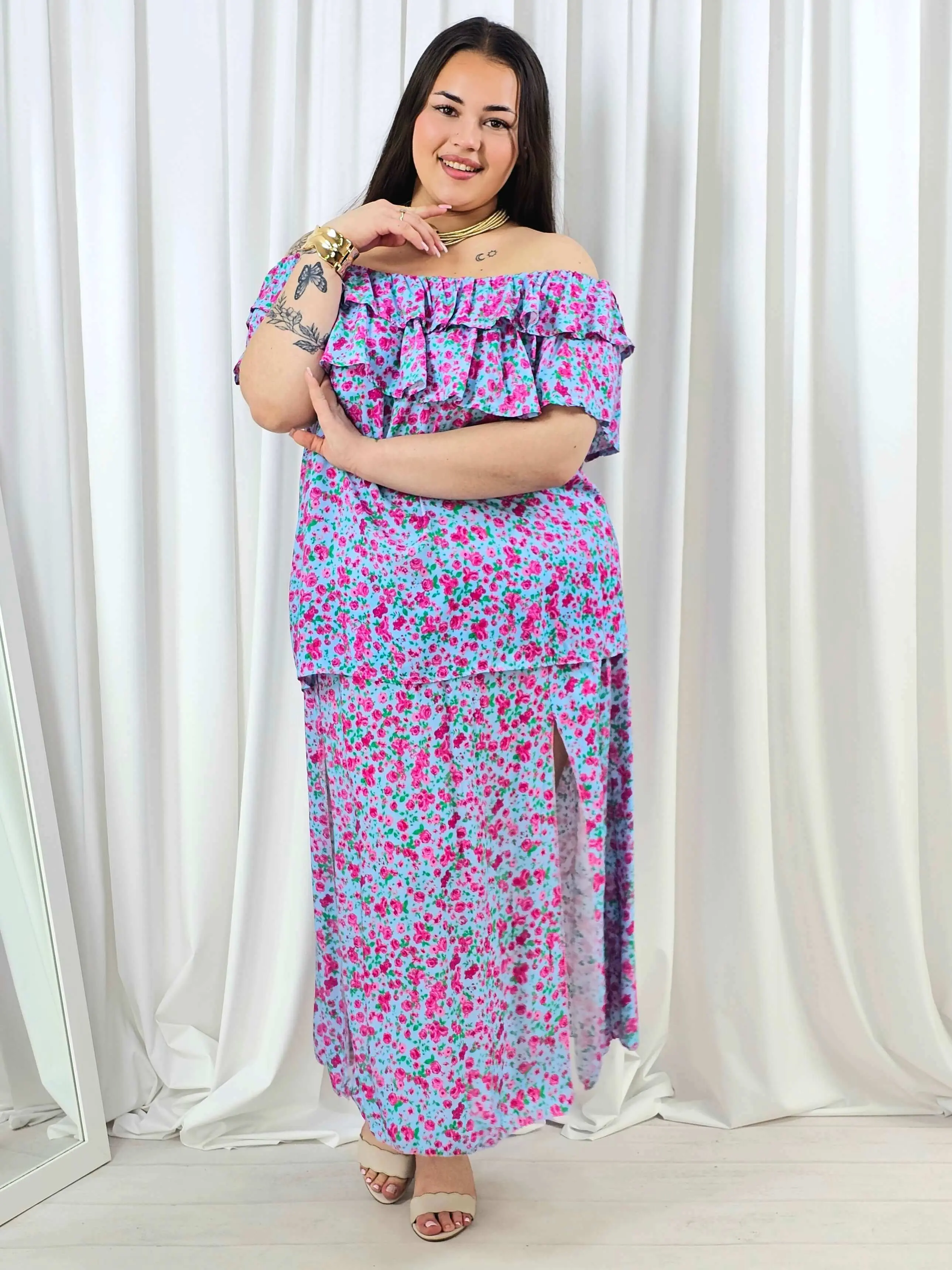 Komplet plus size – hiszpanka z falbaną i spódnica maxi w kwiaty - Image 3