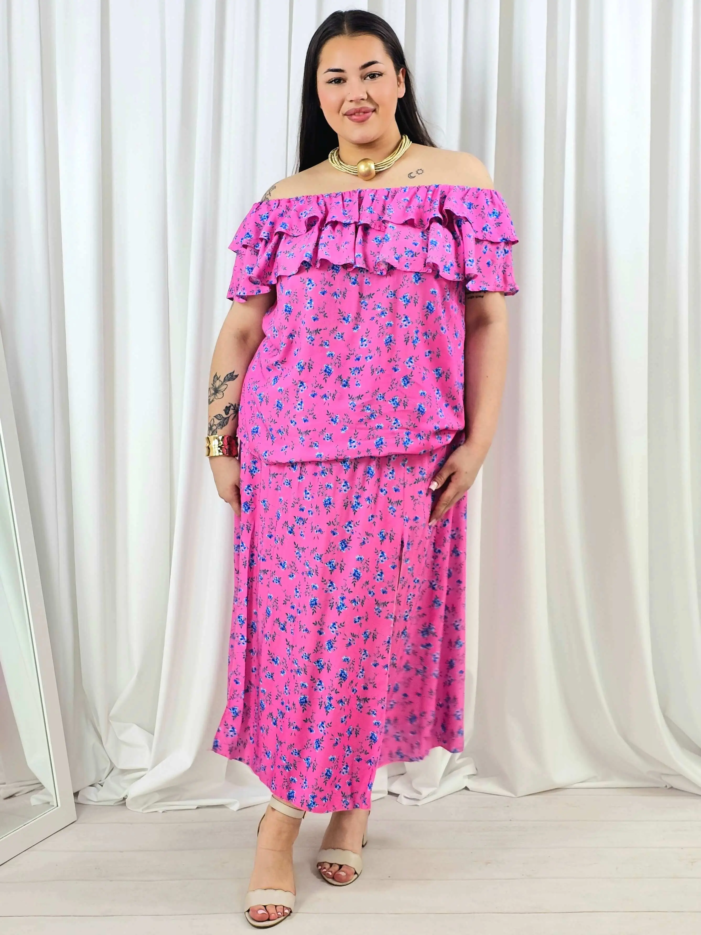 Komplet plus size – hiszpanka z falbaną i spódnica maxi w kwiaty - Image 4