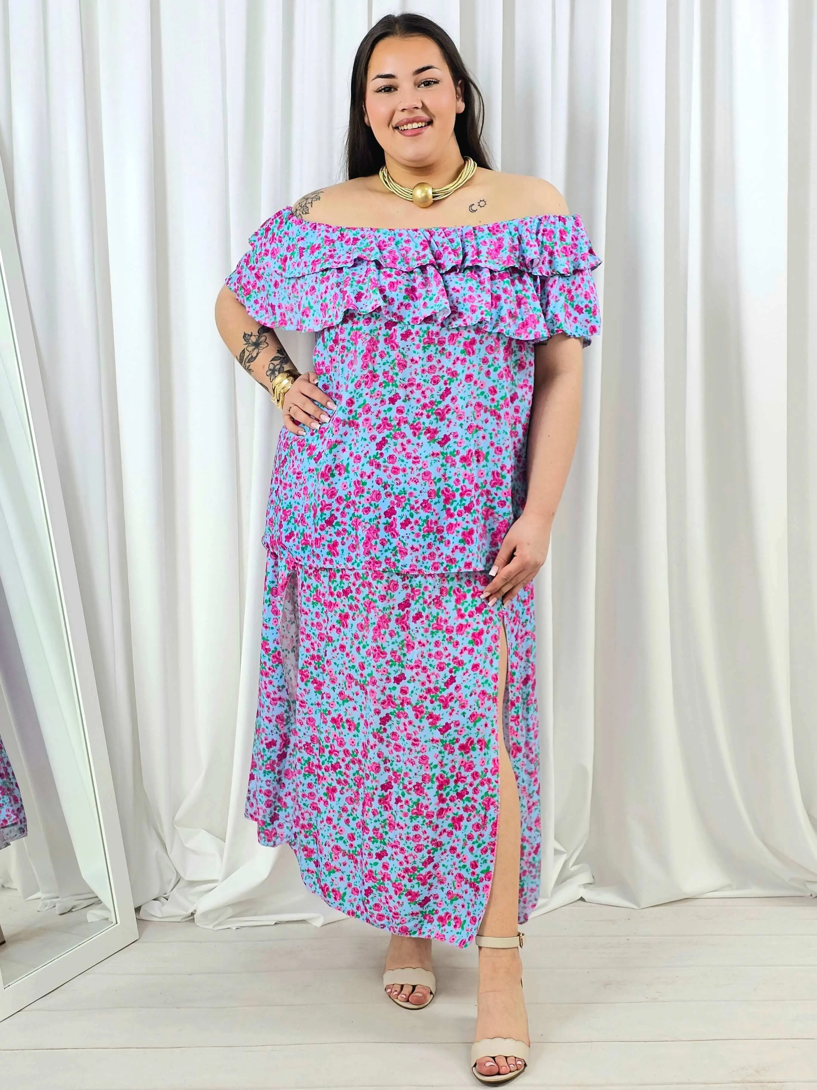 Komplet plus size – hiszpanka z falbaną i spódnica maxi w kwiaty - Image 8