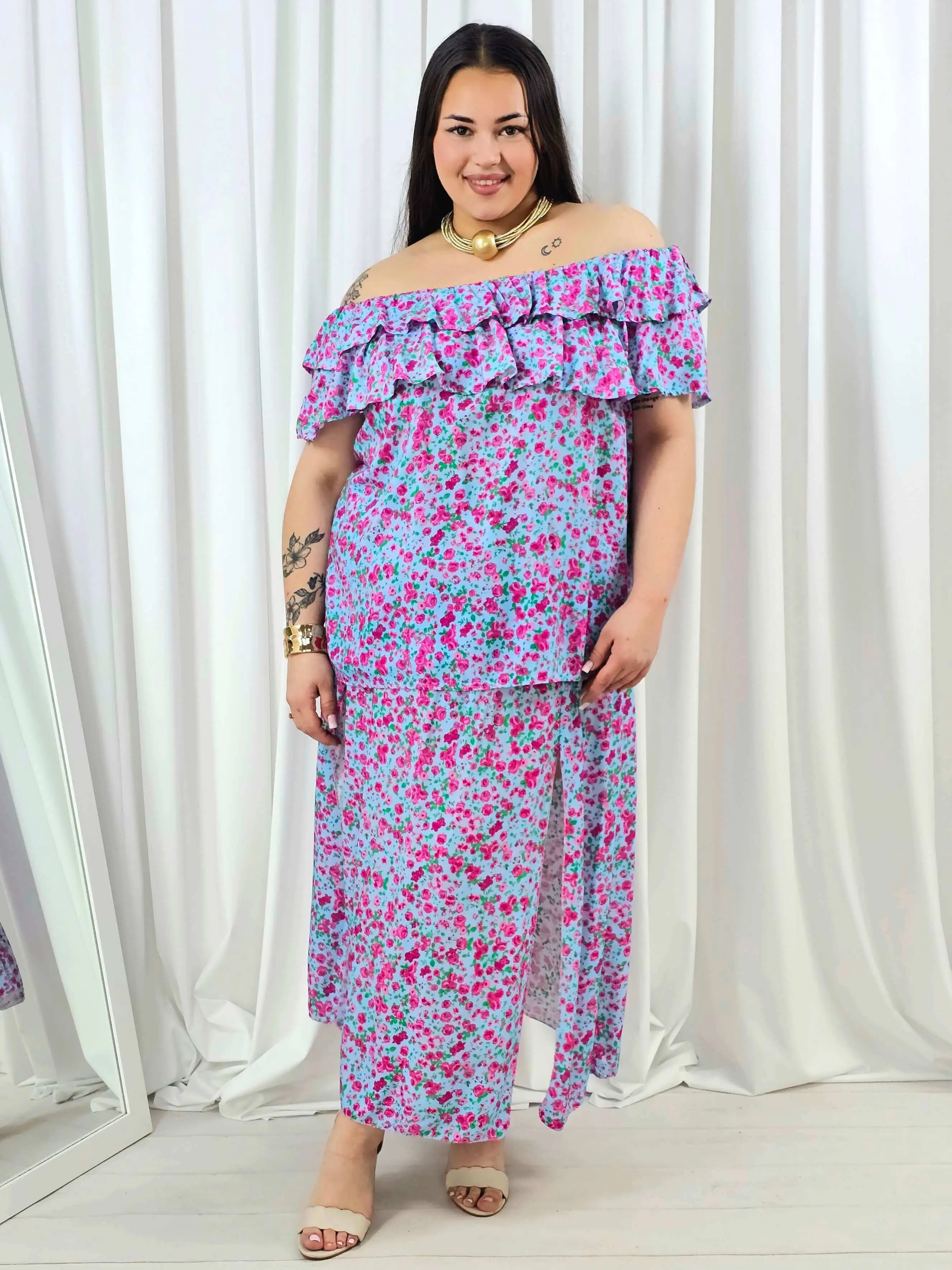 Komplet plus size – hiszpanka z falbaną i spódnica maxi w kwiaty - Image 9