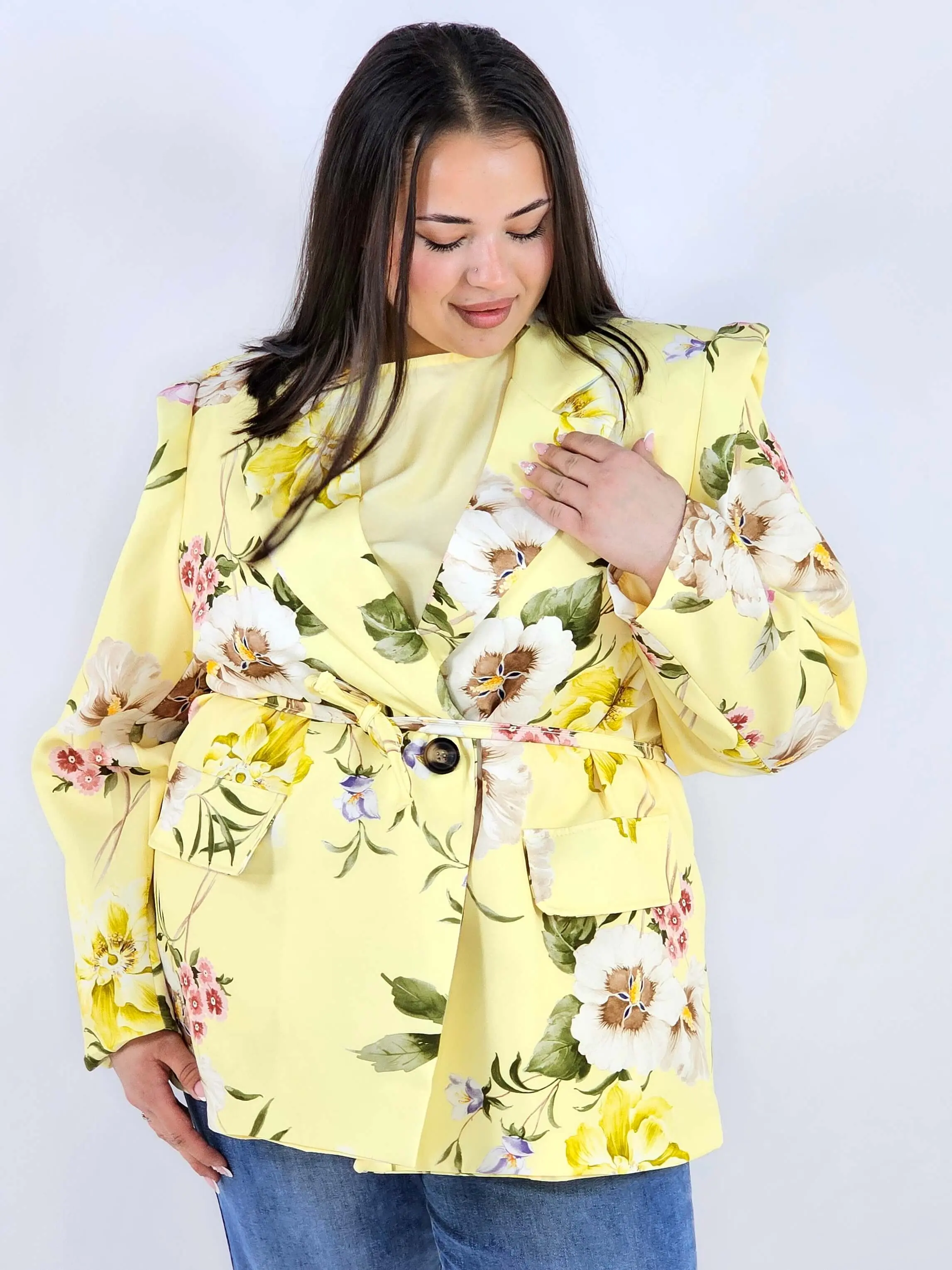 Marynarka plus size w kwiaty wiązana w talii elegancka XXL - Image 3