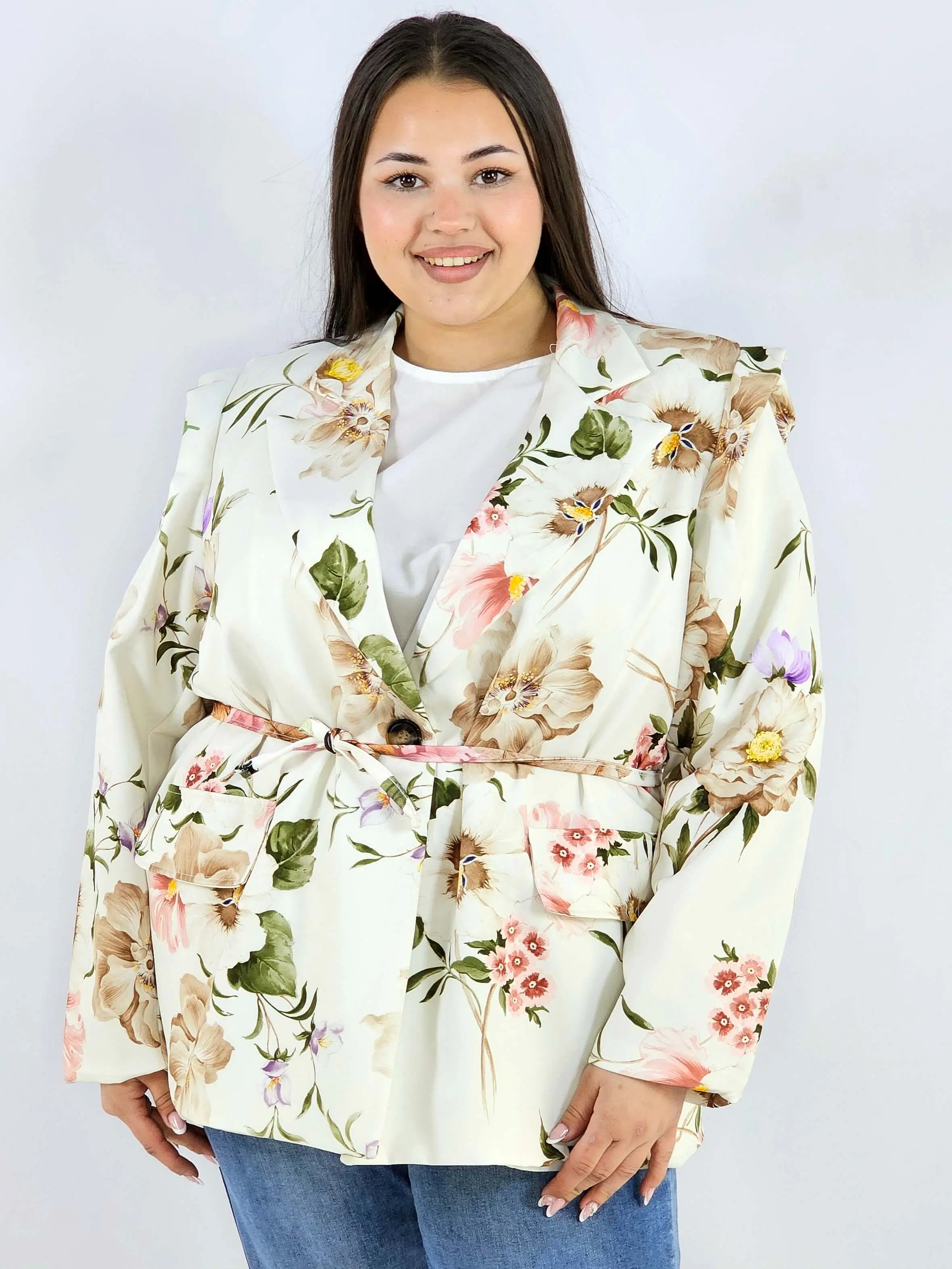 Marynarka plus size w kwiaty wiązana w talii elegancka XXL