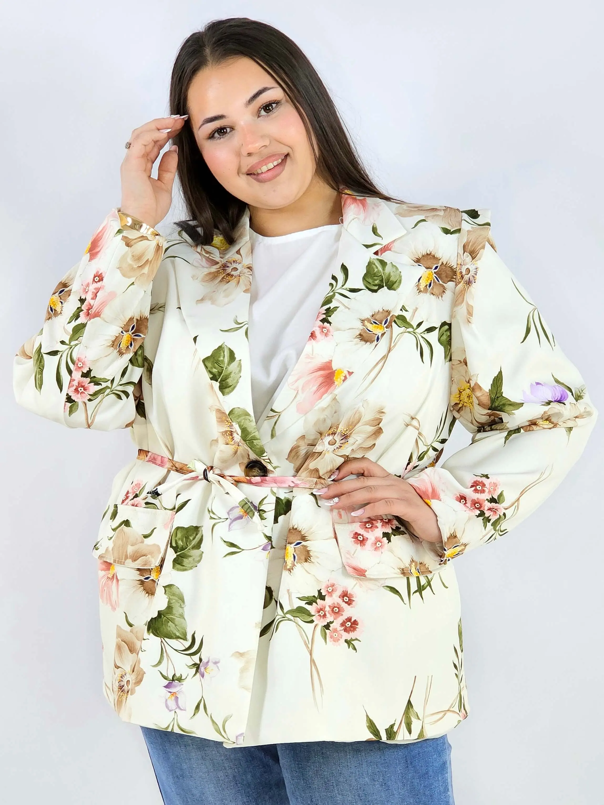 Marynarka plus size w kwiaty wiązana w talii elegancka XXL - Image 4