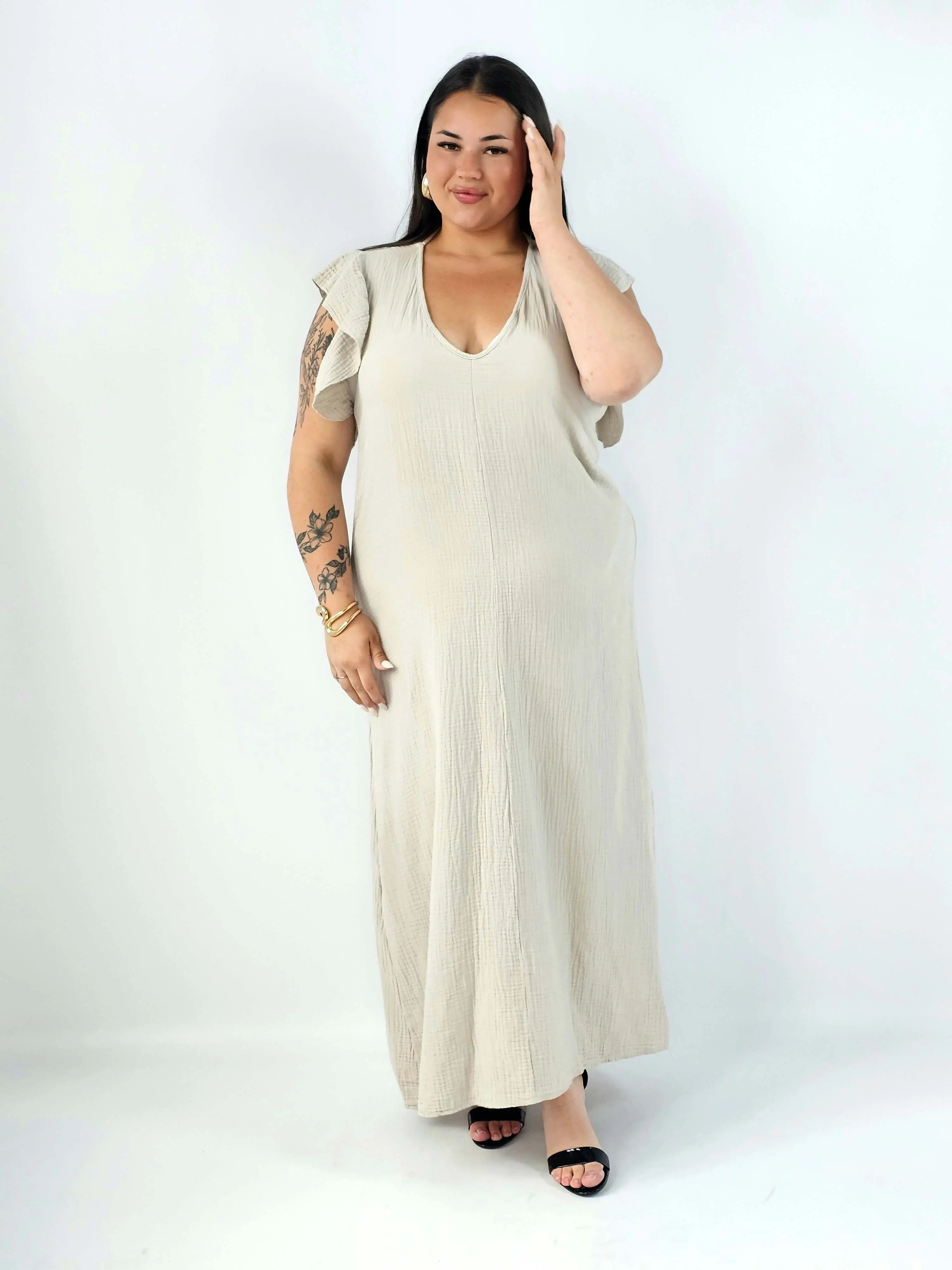 Sukienka plus size maxi z falbankowym rękawem i dekoltem na plecach - Image 5