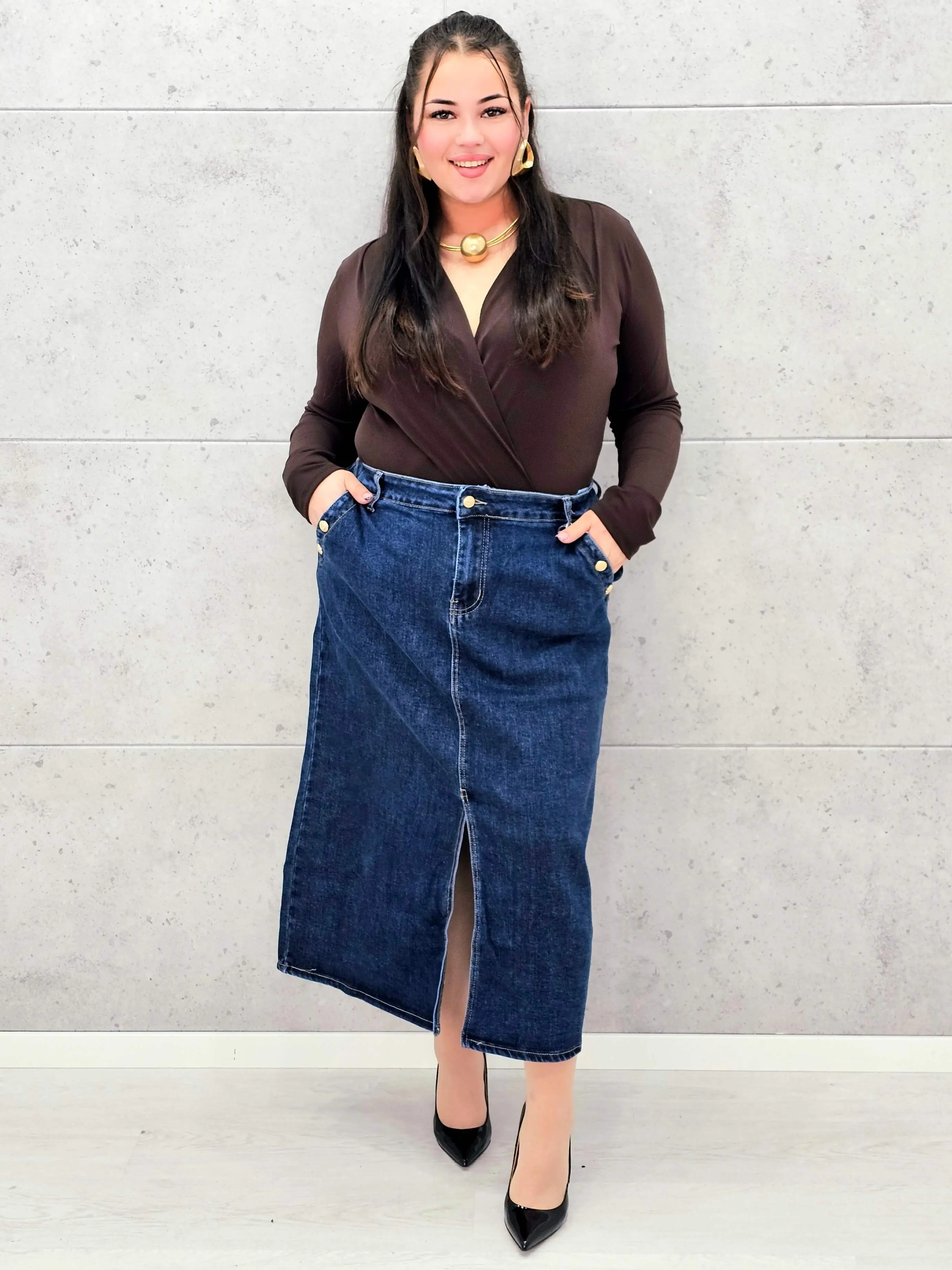 Spódnica jeansowa plus size midi z rozcięciem – idealna dla każdej sylwetki XXL - Image 2