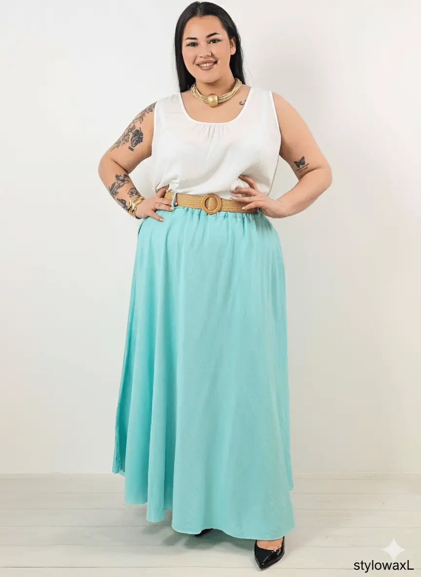 Spódnica maxi plus size – lejąca, rozkloszowana spódnica XXL z gumką w pasie i paskiem - Image 2
