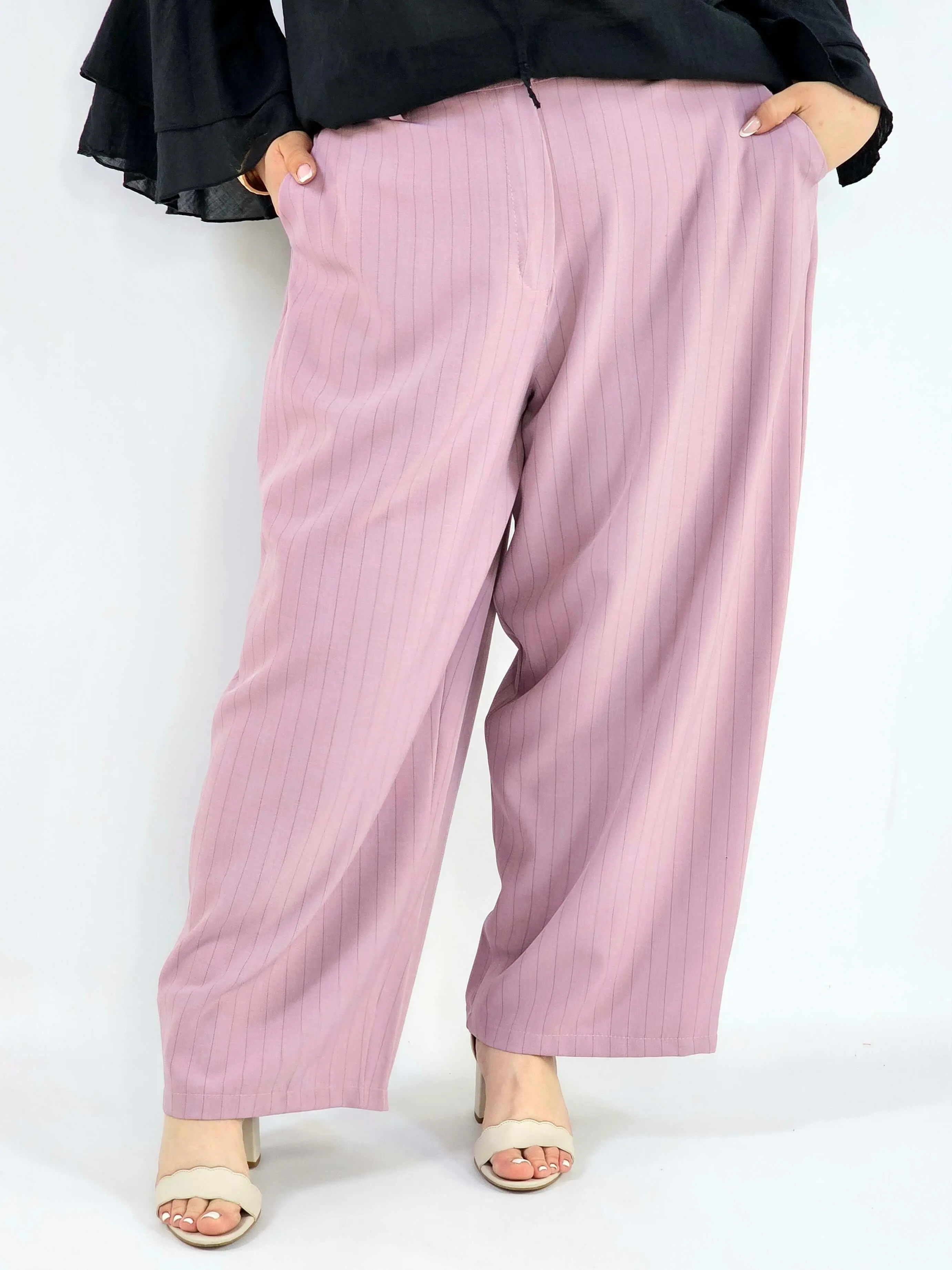 Spodnie plus size eleganckie w paski szeroka nogawka wygodne i stylowe - Image 2