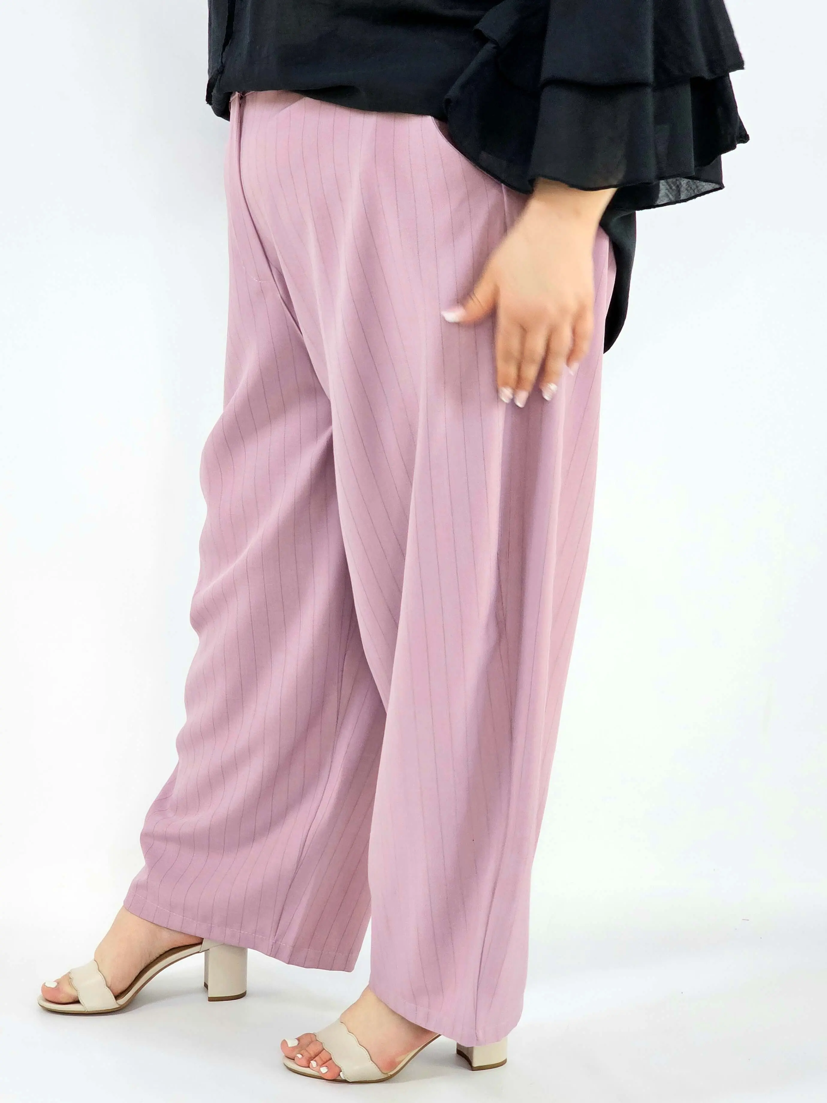 Spodnie plus size eleganckie w paski szeroka nogawka wygodne i stylowe - Image 5