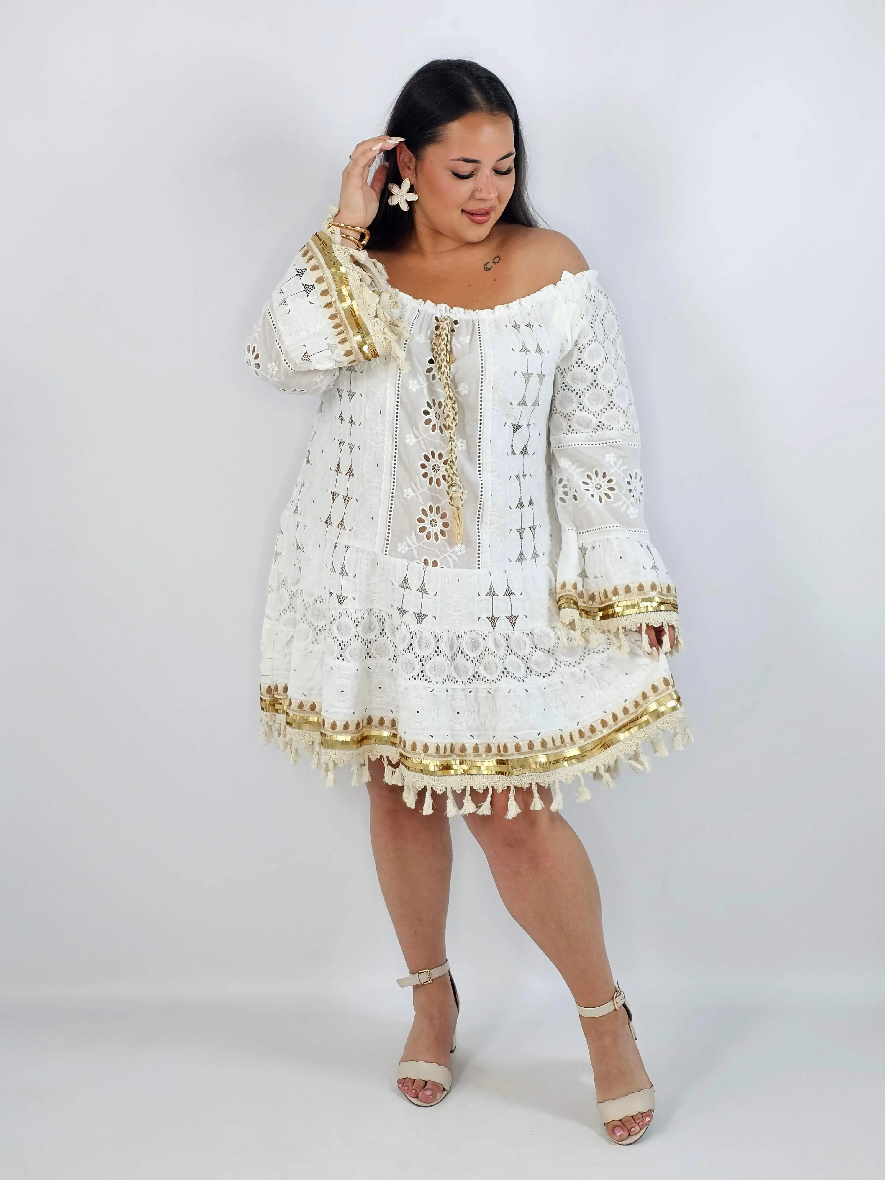 Sukienka plus size boho z koronką i frędzlami
