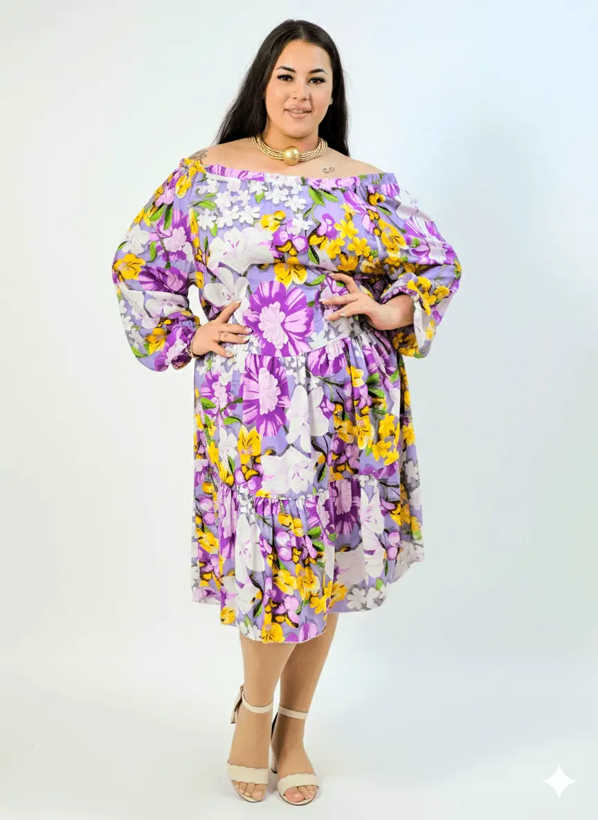 Sukienka plus size hiszpanka w kwiaty XXL – liliowa z falbaną