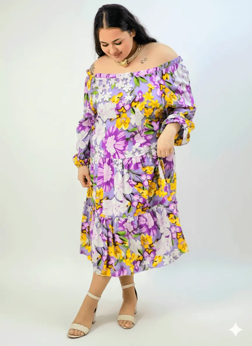 Sukienka plus size hiszpanka w kwiaty XXL – liliowa z falbaną - Image 3