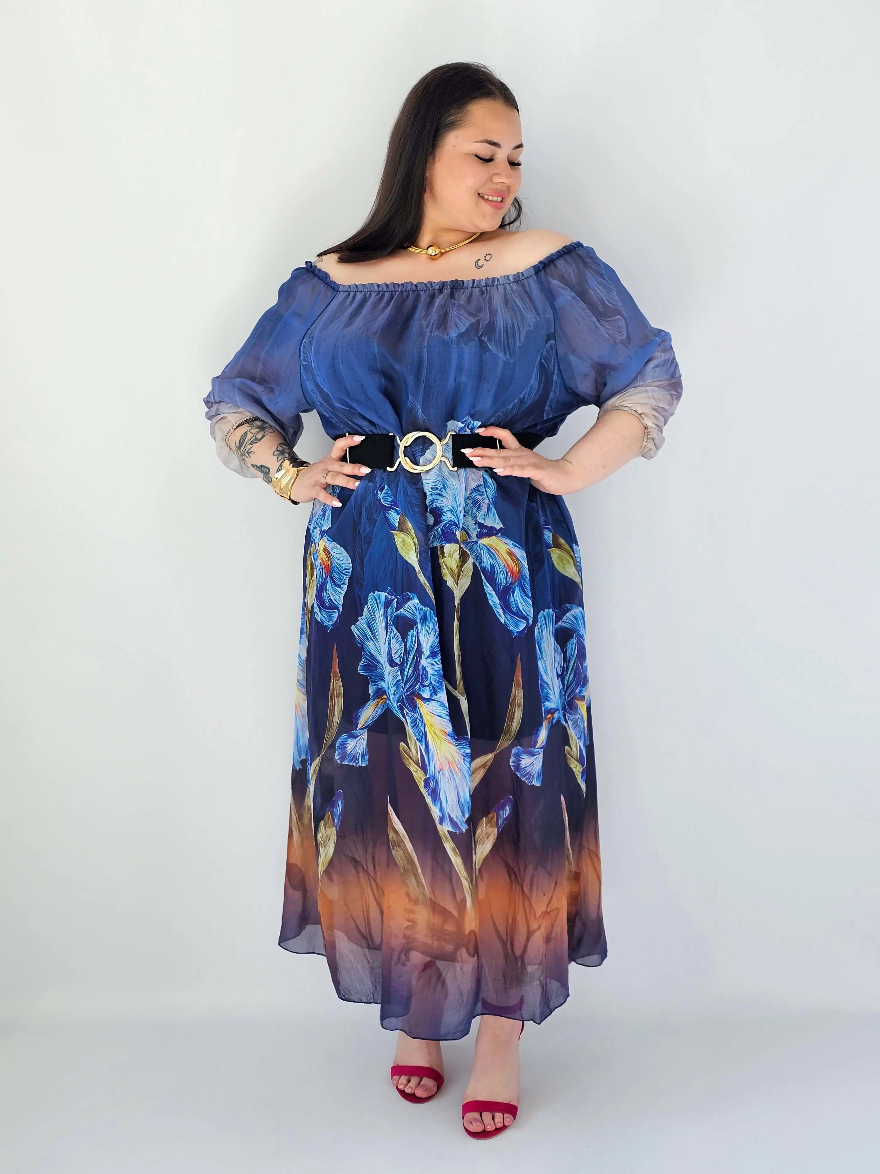Sukienka plus size maxi hiszpanka z kwiatowym printem w odcieniach niebieskiego - Image 5