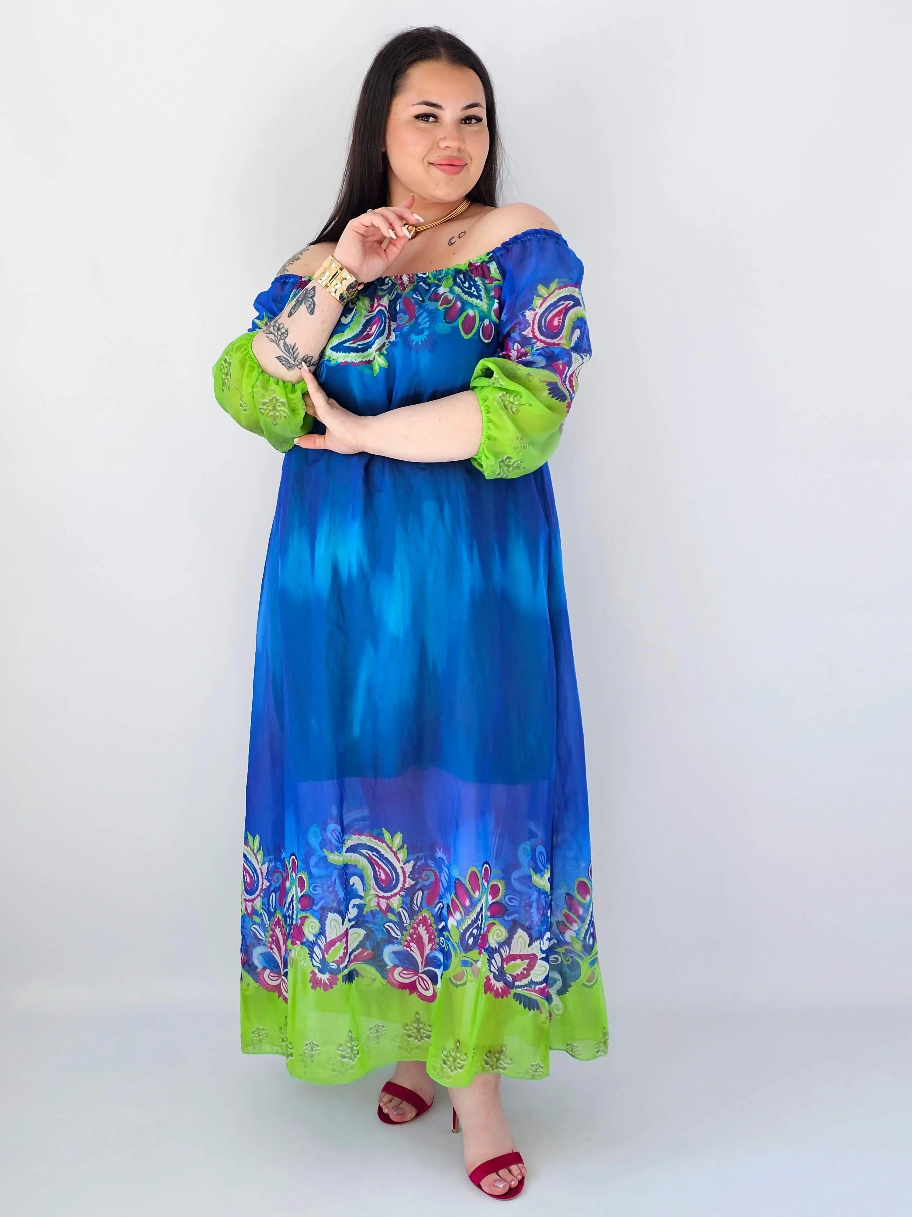 Sukienka plus size maxi niebieska z printem – zwiewna sukienka XXL