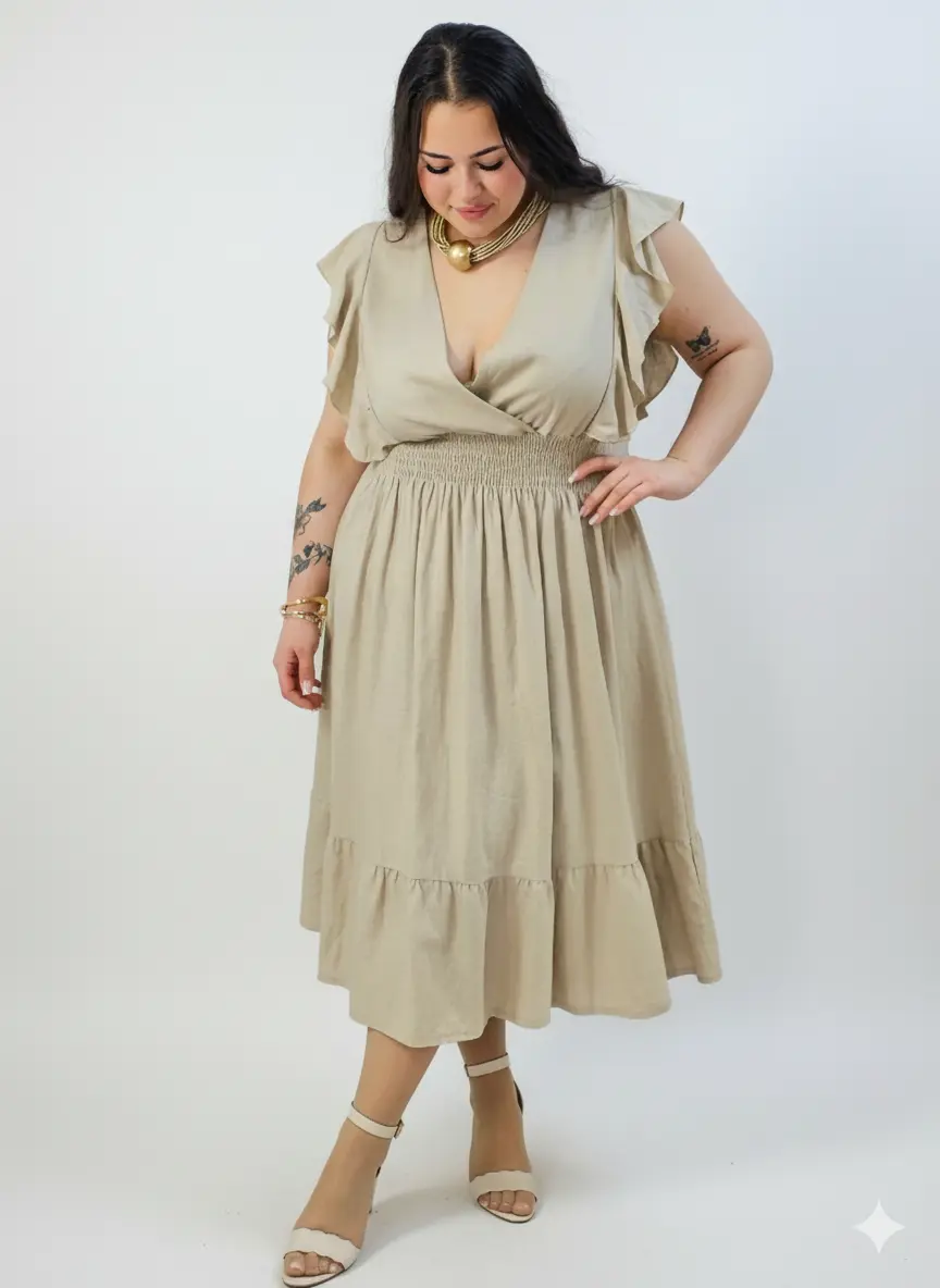 Sukienka plus size – sukienka midi z kopertowym dekoltem, marszczoną talią i falbaną