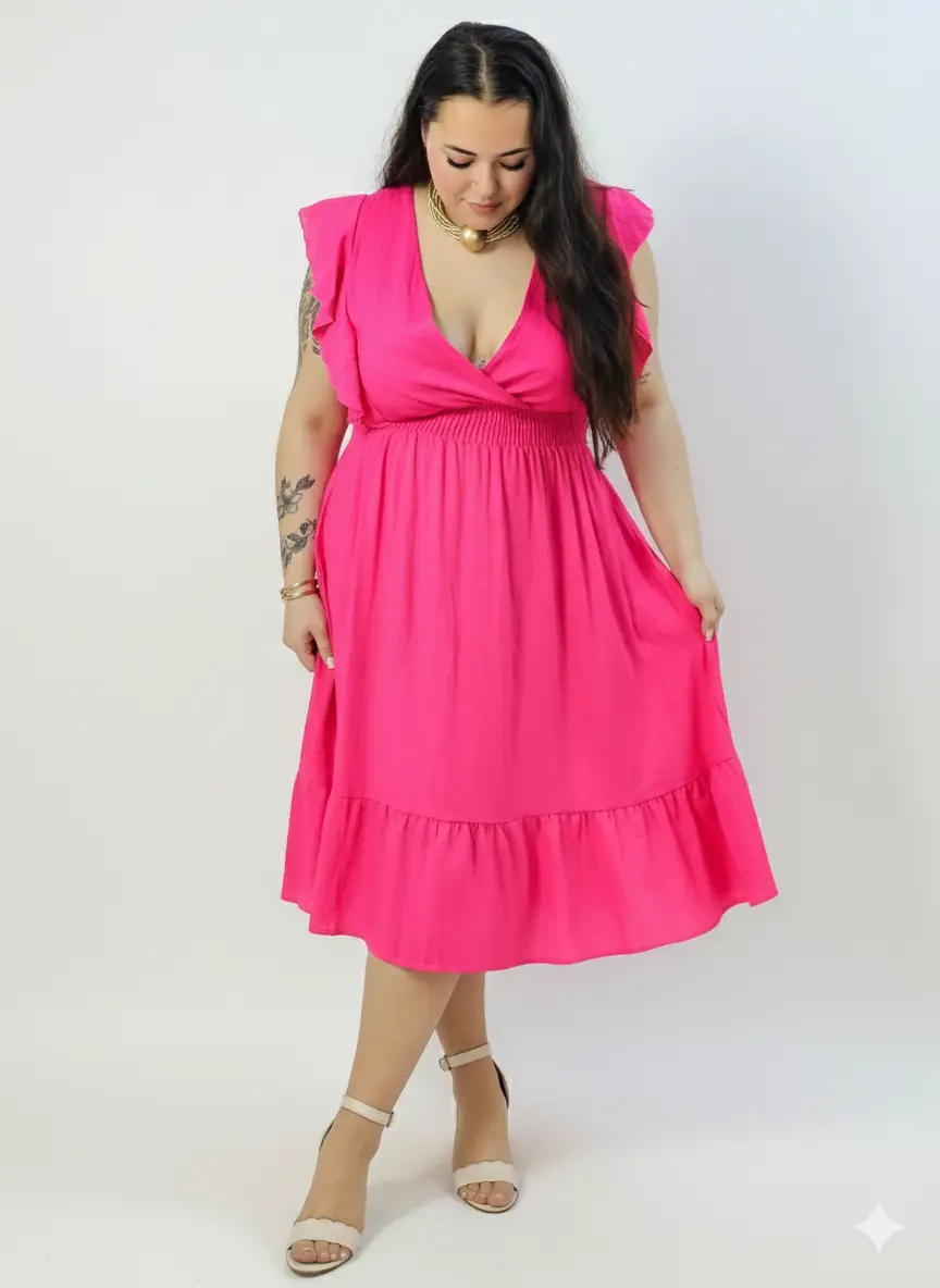Sukienka plus size – sukienka midi z kopertowym dekoltem, marszczoną talią i falbaną - Image 2