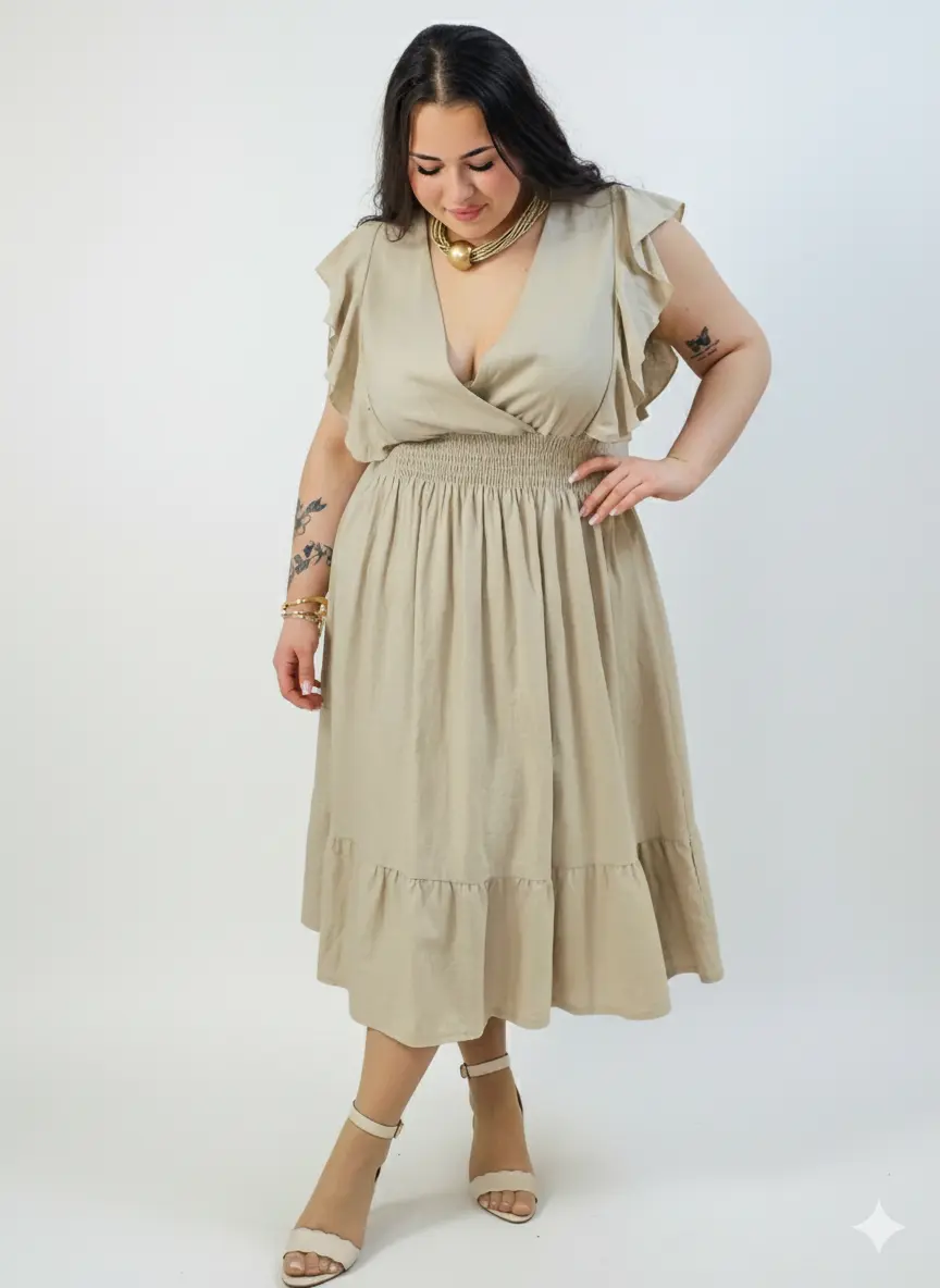 Sukienka plus size – sukienka midi z kopertowym dekoltem, marszczoną talią i falbaną - Image 3