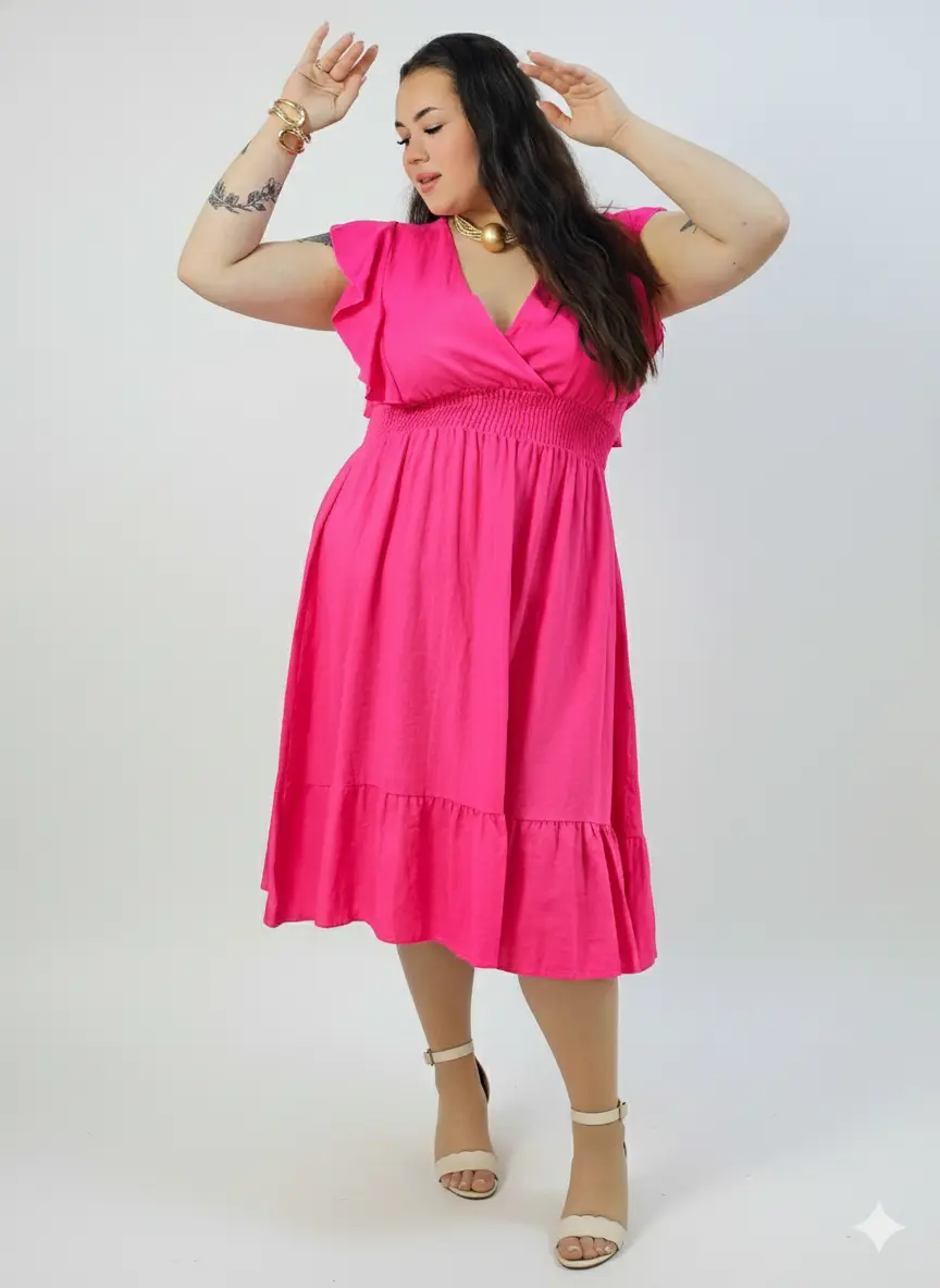 Sukienka plus size – sukienka midi z kopertowym dekoltem, marszczoną talią i falbaną - Image 4