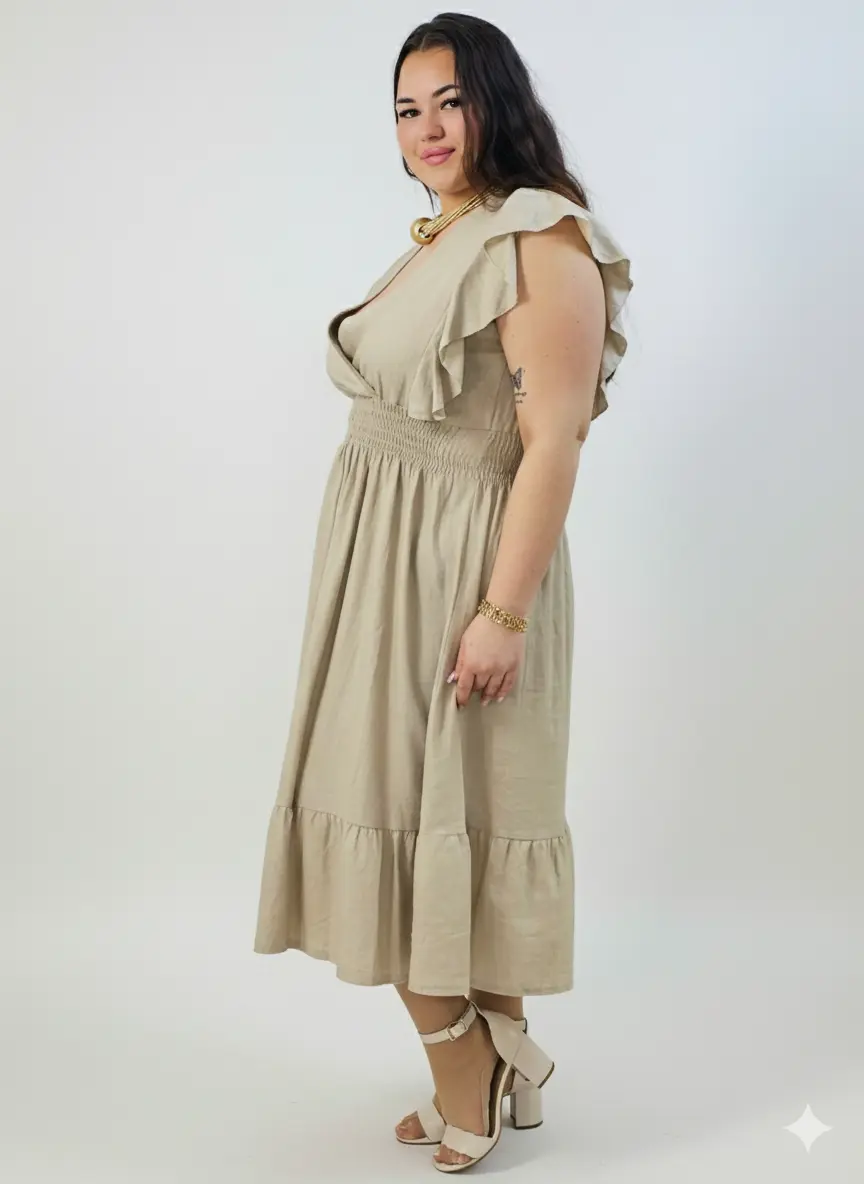Sukienka plus size – sukienka midi z kopertowym dekoltem, marszczoną talią i falbaną - Image 5