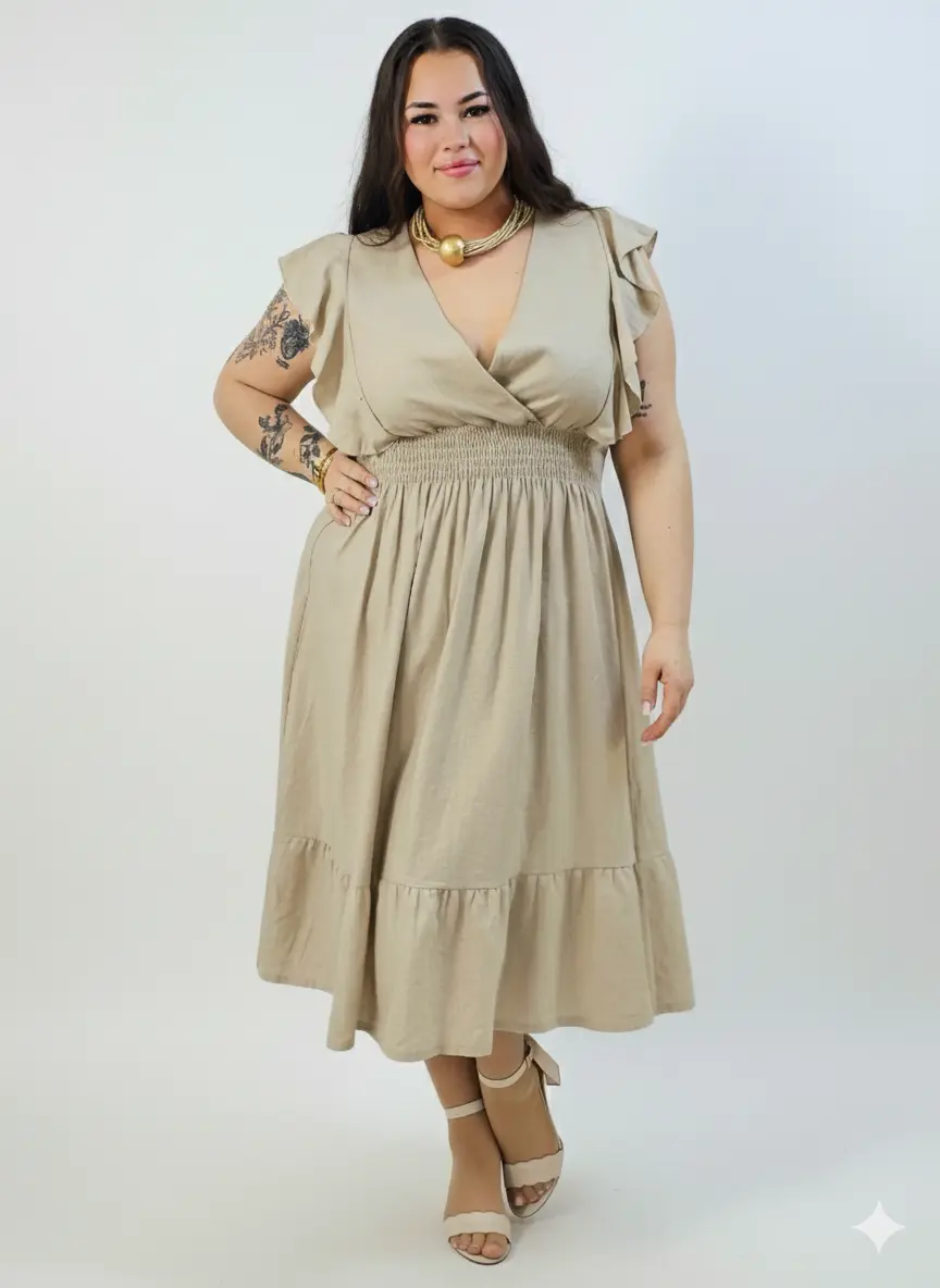 Sukienka plus size – sukienka midi z kopertowym dekoltem, marszczoną talią i falbaną - Image 6