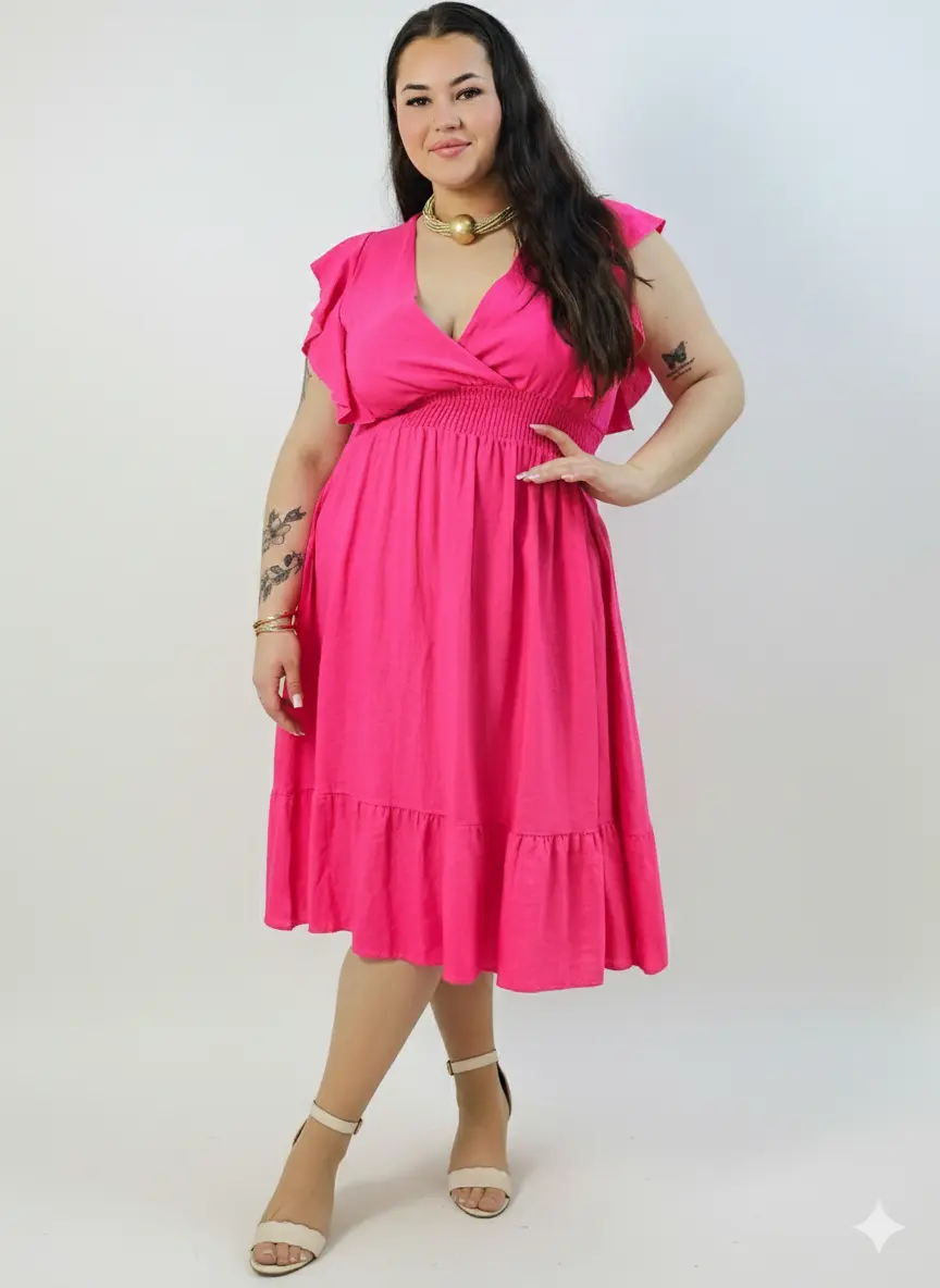 Sukienka plus size – sukienka midi z kopertowym dekoltem, marszczoną talią i falbaną - Image 7