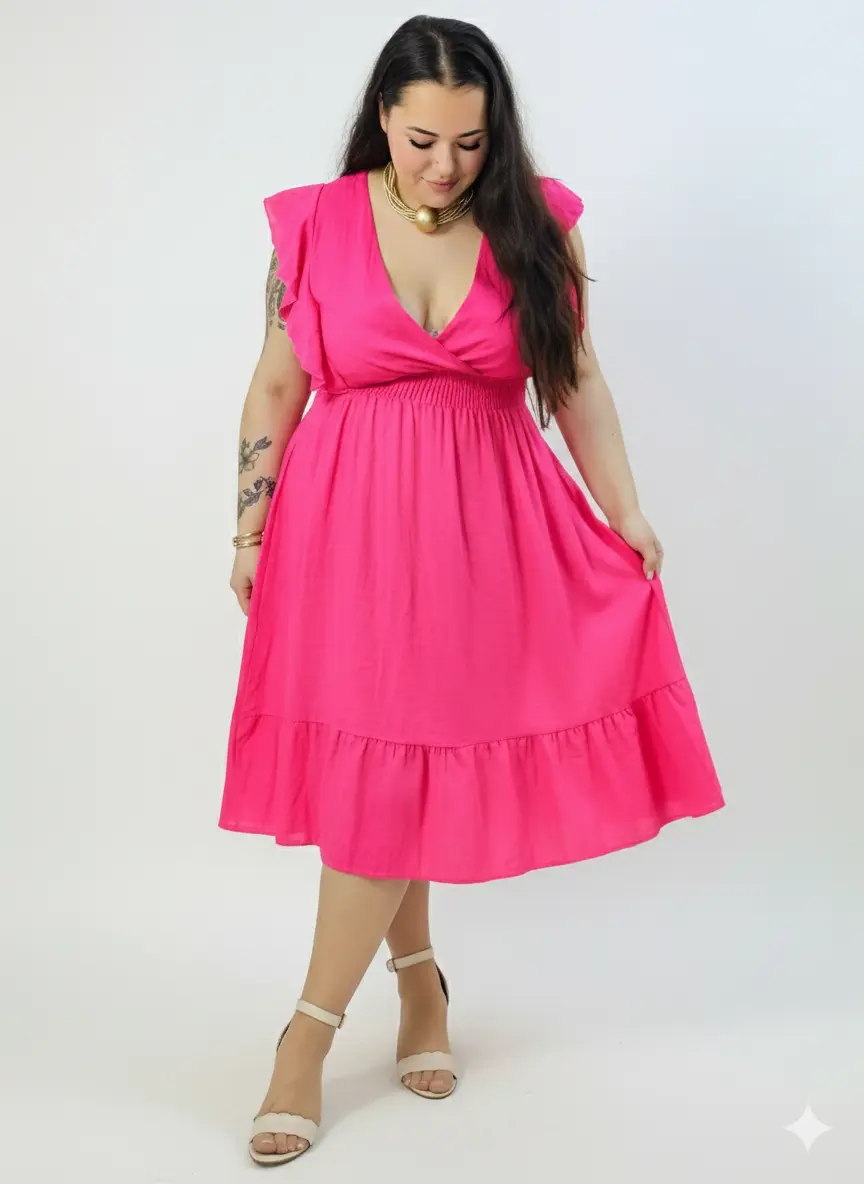 Sukienka plus size – sukienka midi z kopertowym dekoltem, marszczoną talią i falbaną - Image 8
