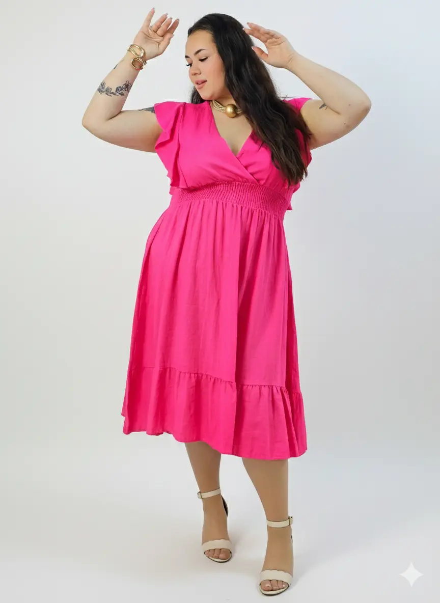 Sukienka plus size – sukienka midi z kopertowym dekoltem, marszczoną talią i falbaną - Image 9