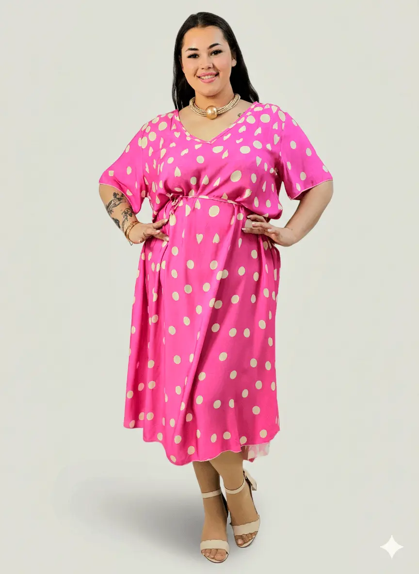 Sukienka plus size w grochy fuksja – midi z dekoltem V i paskiem w talii