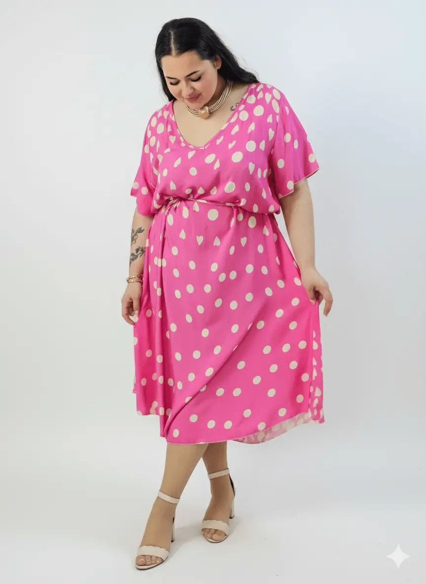 Sukienka plus size w grochy fuksja – midi z dekoltem V i paskiem w talii - Image 2